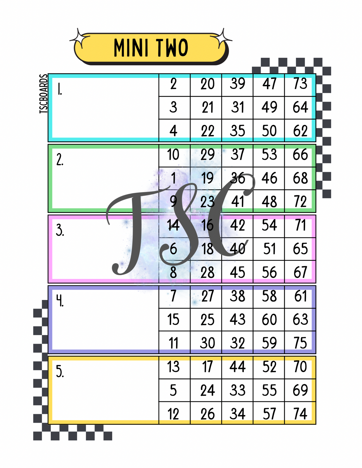 Wednesday Mini 2 Block Bingo Board 1-75 Ball