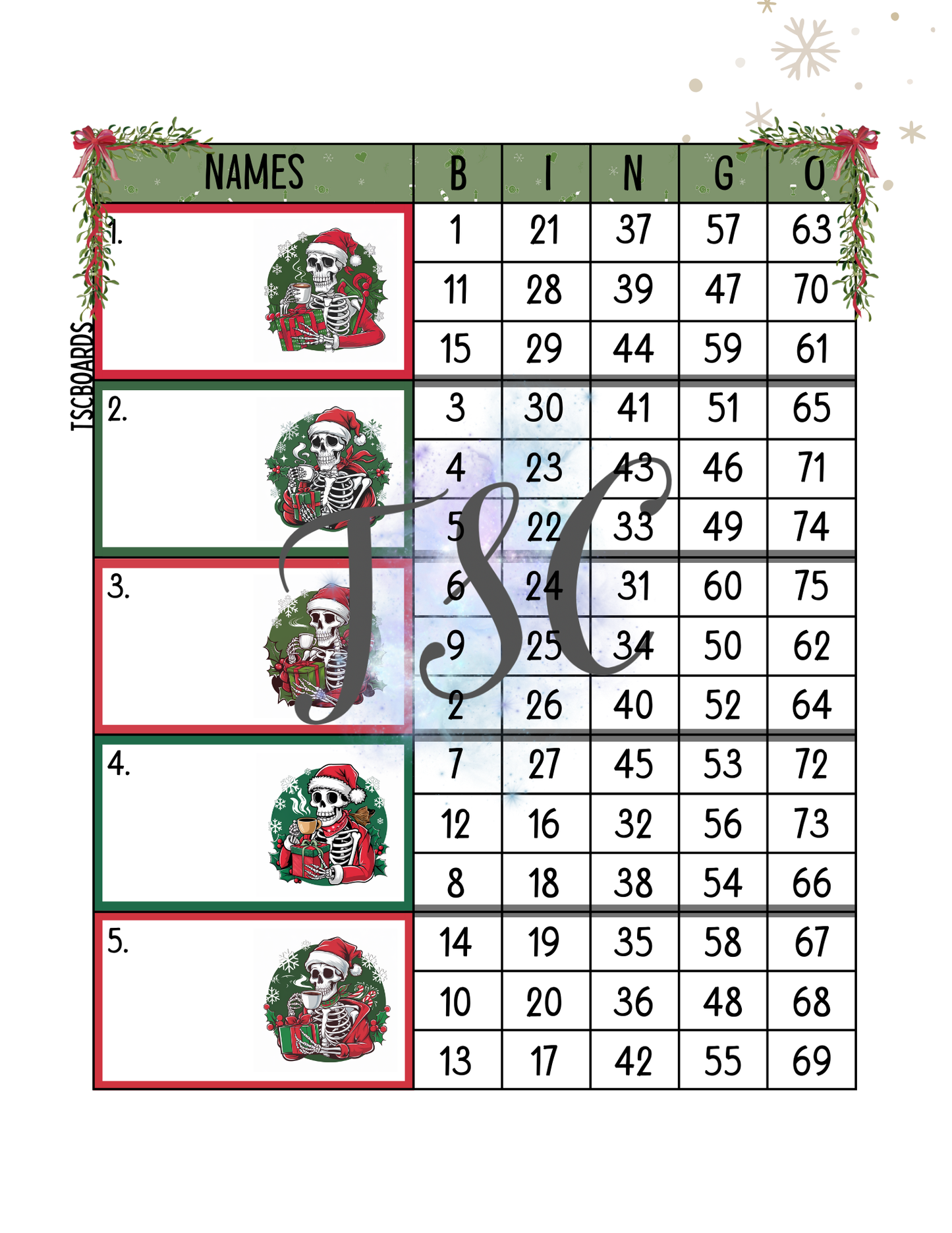 Christmas Skeleton Block Bingo Board 1-75 Ball