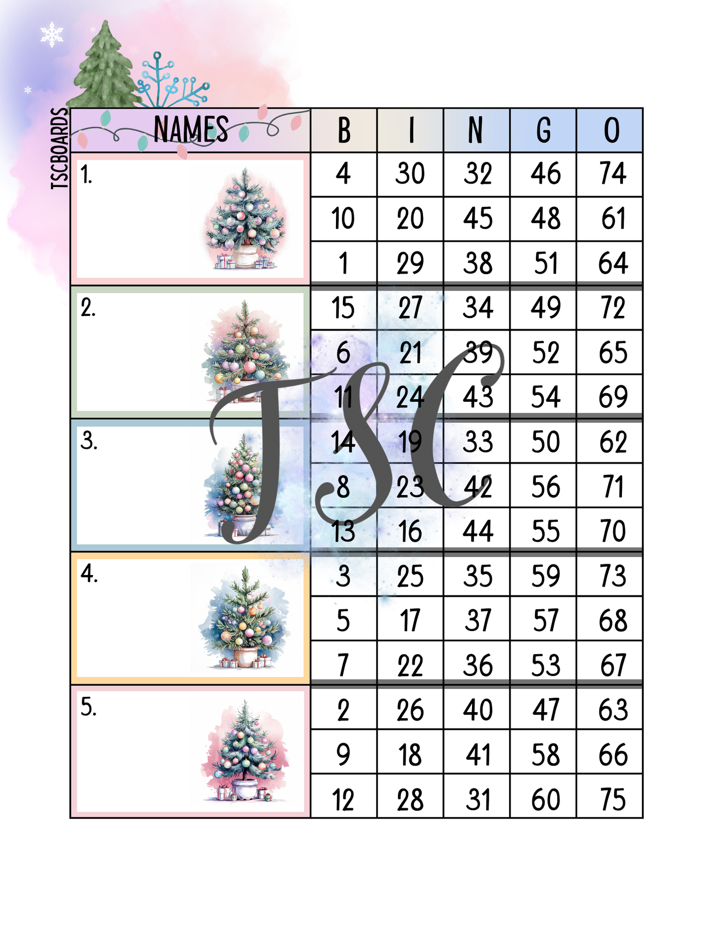 Pastel Tree Block Bingo Board 1-75 Ball
