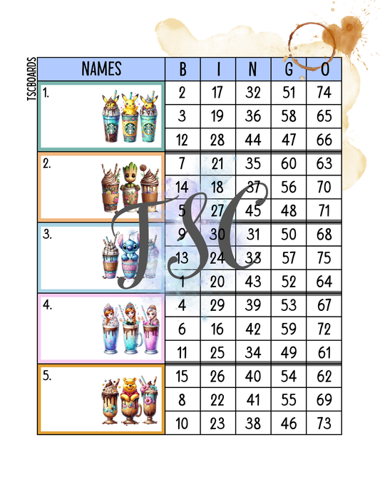 Character Coffee Block Bingo Board 1-75 Ball