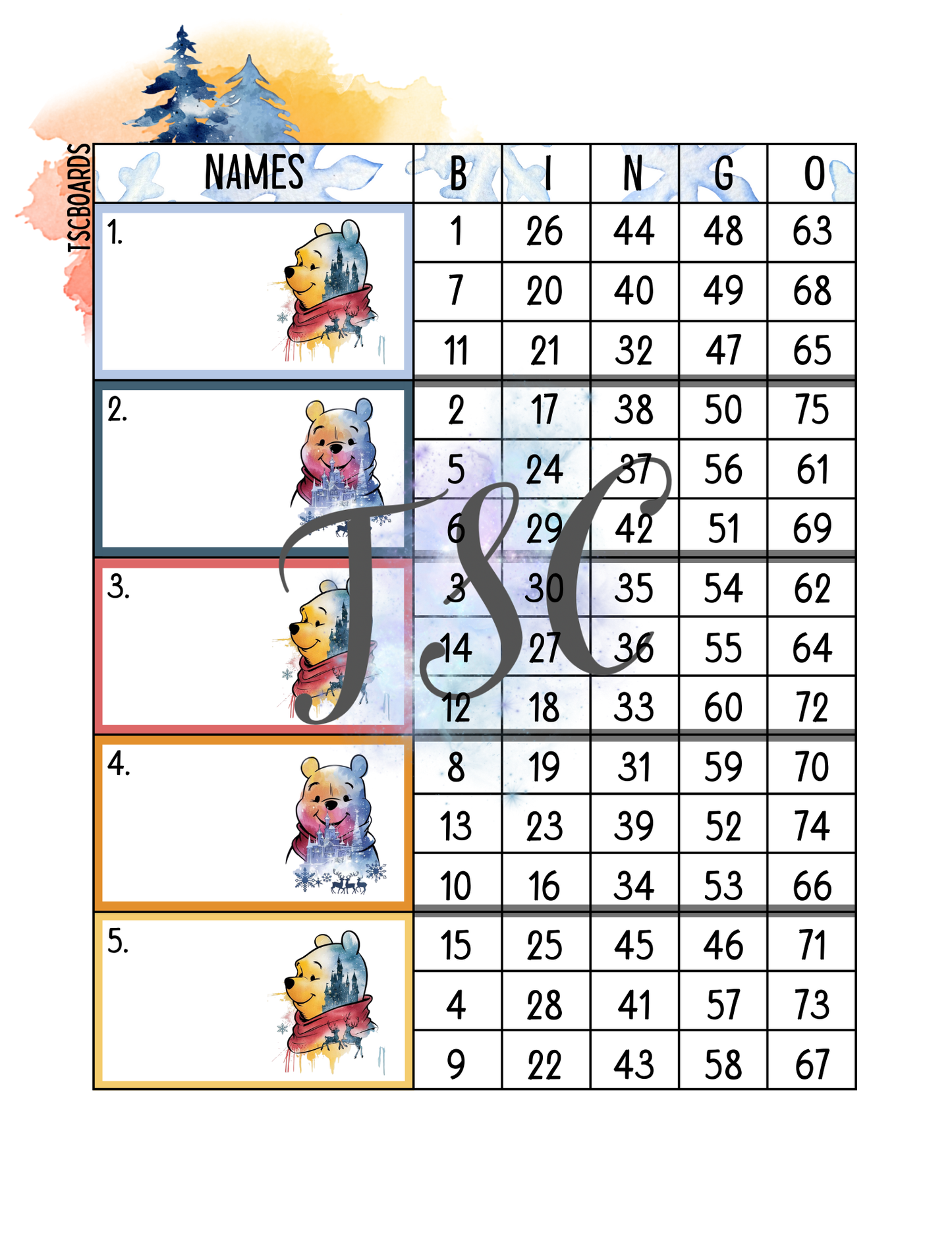 Watercolour Pooh Block Bingo Board 1-75 Ball