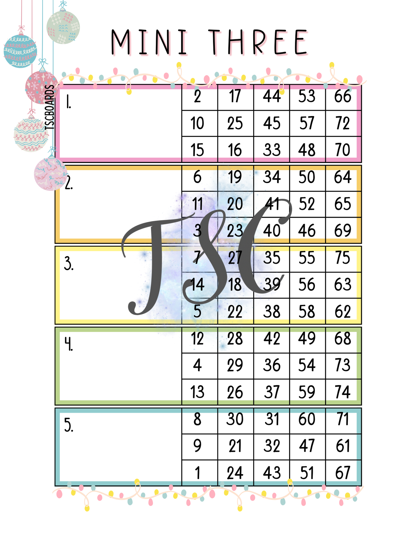 Pastel Mini 3 Block Bingo Board 1-75