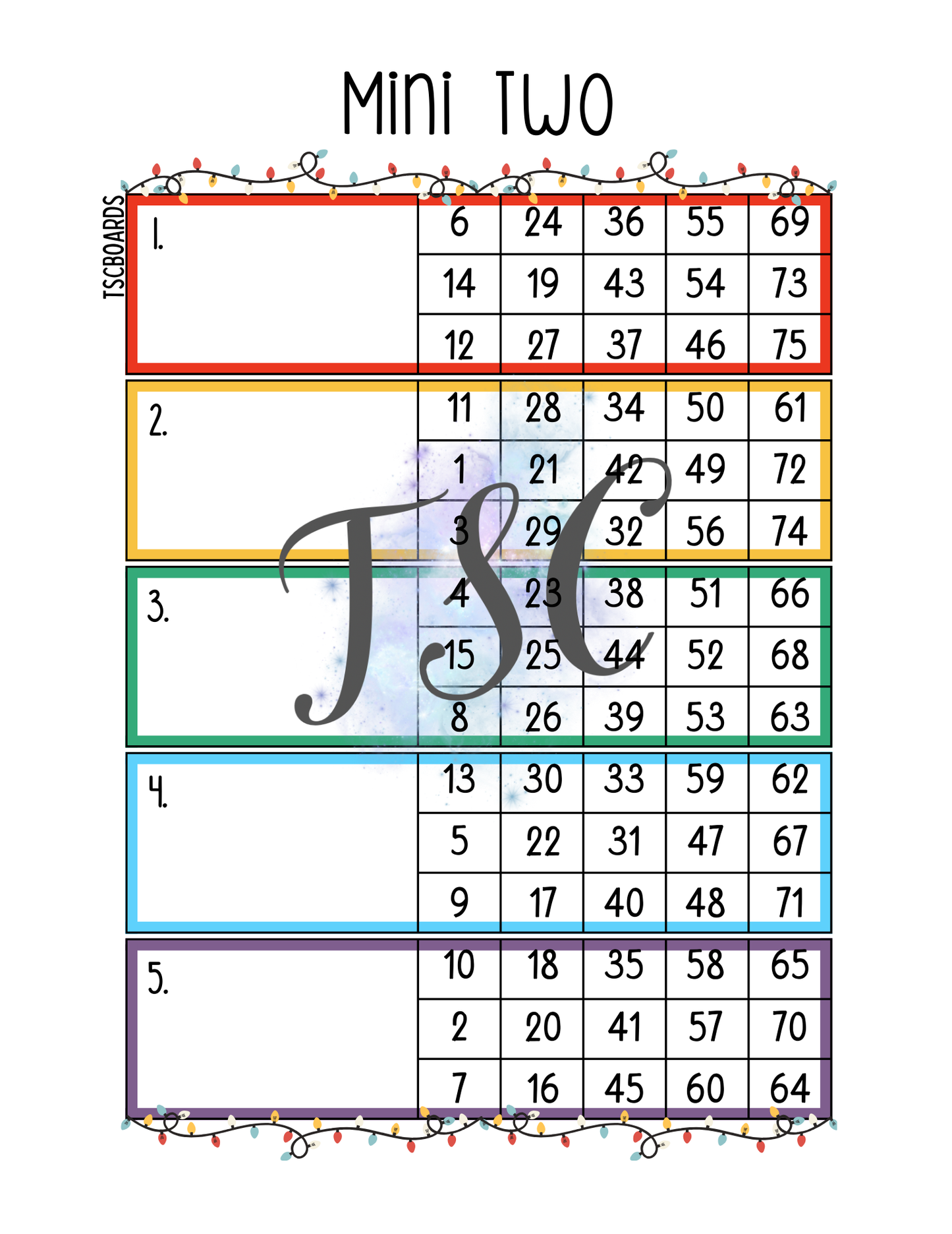 Christmas Light Mini 2 Block Bingo Board 1-75 Ball