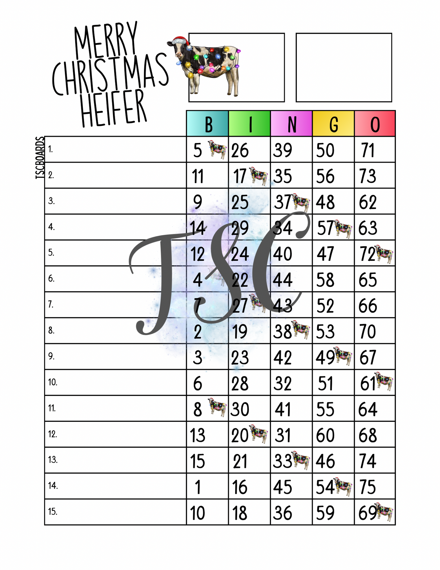 Merry Christmas Heifer Bingo Board 1-75 Ball