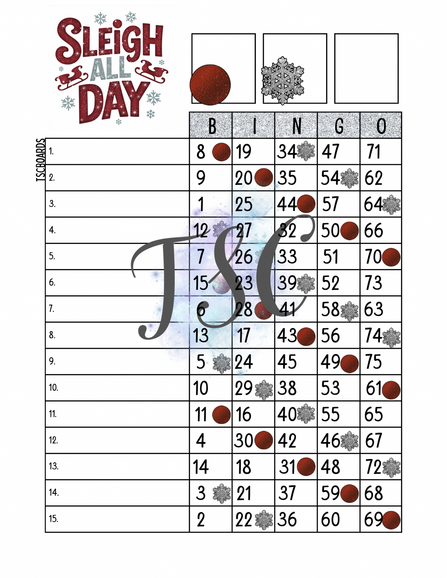 Sleigh All Day Bingo Board 1-75 Ball