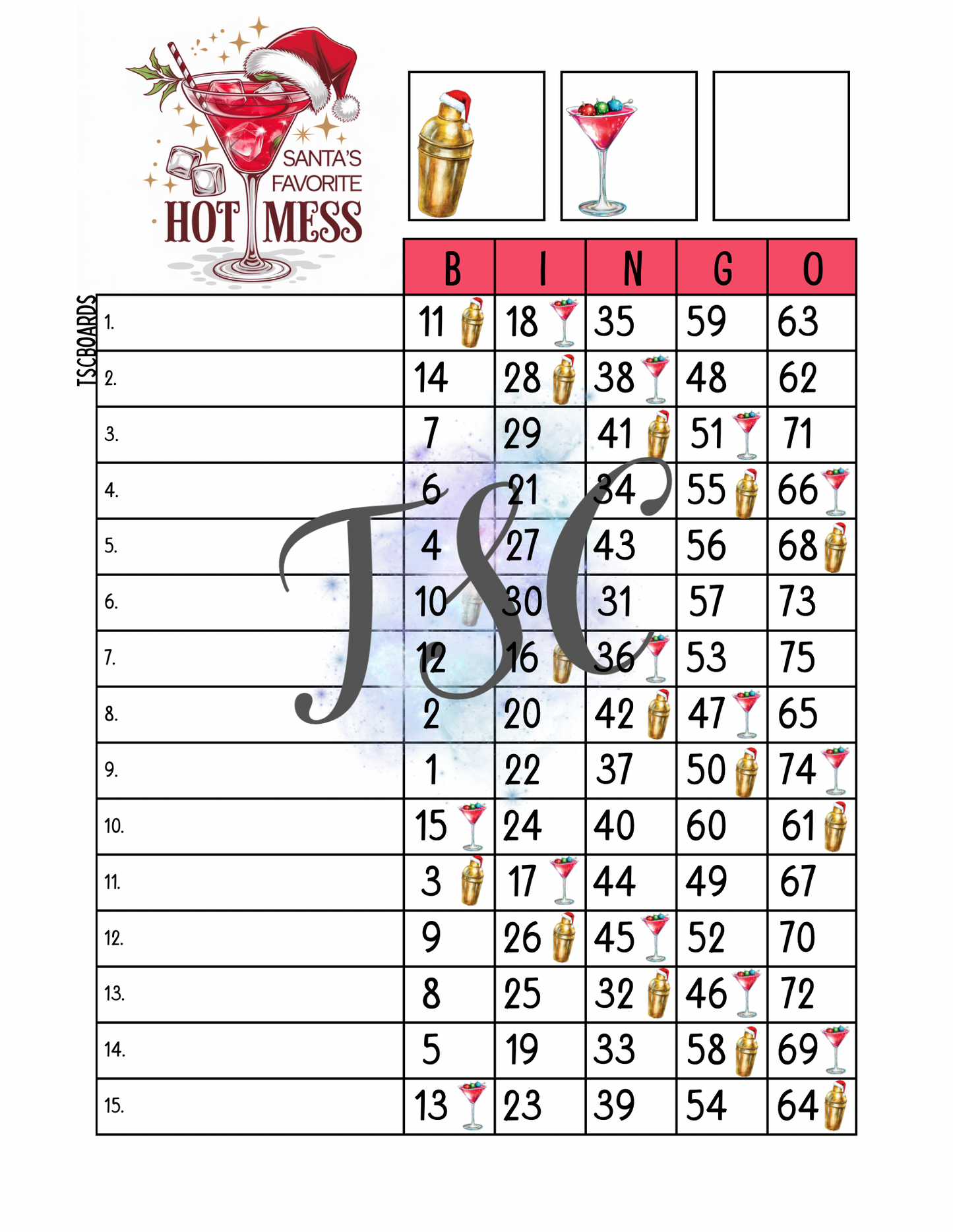 Santa’s Favorite Hot Mess Bingo Board 1-75 Ball