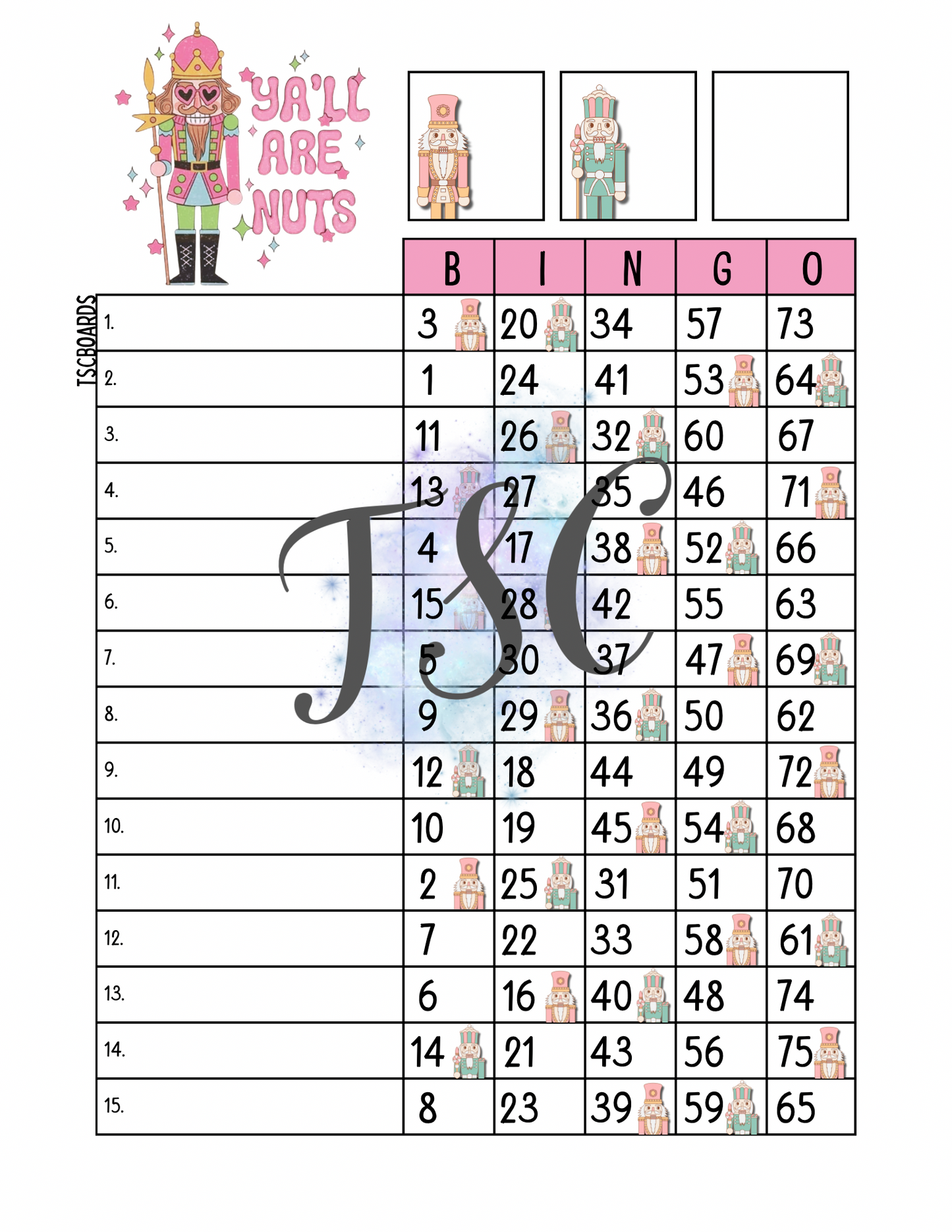 Y’all Are Nuts Bingo Board 1-75 Ball
