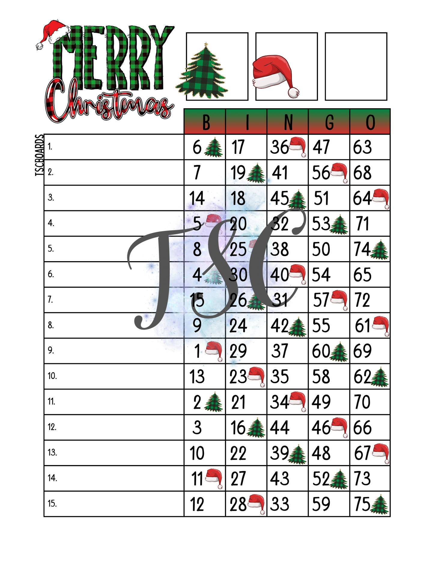 Merry Christmas Bingo Board 1-75 Ball