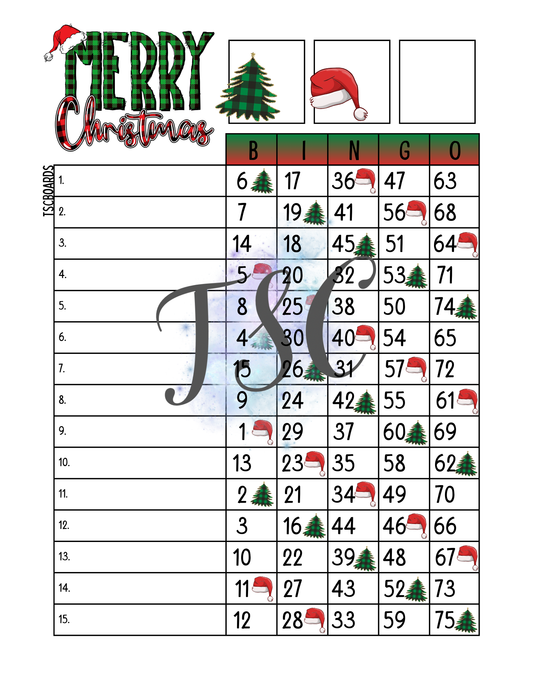Merry Christmas Bingo Board 1-75 Ball