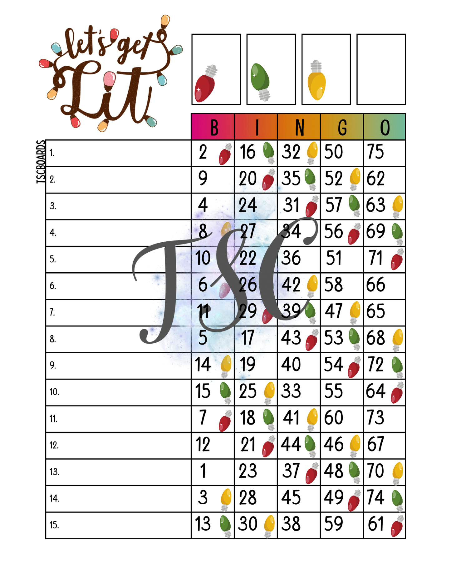 Let’s Get Lit Bingo Board 1-75 Ball