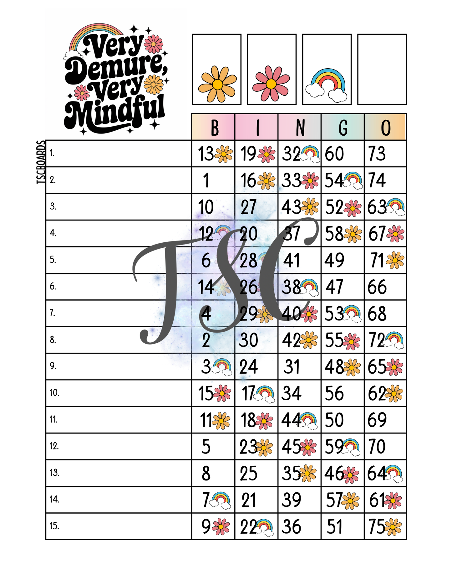 Very Demure, Very Mindful Bingo Board 1-75 Ball