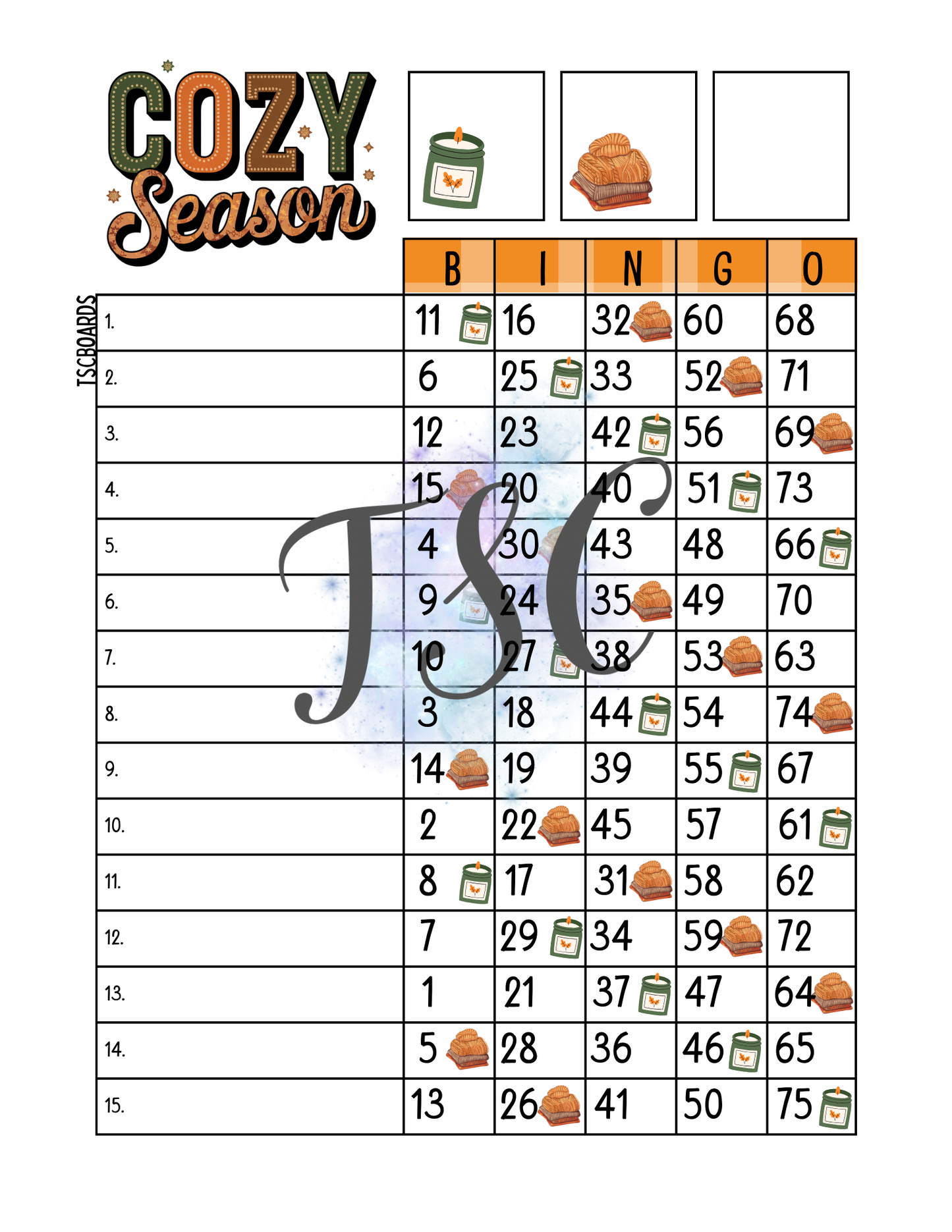 Cozy Season Bingo Board 1-75 Ball