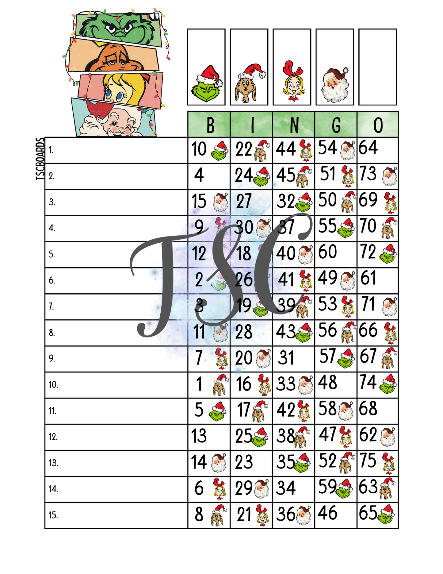 Grinch Bingo Board 1-75 Balls