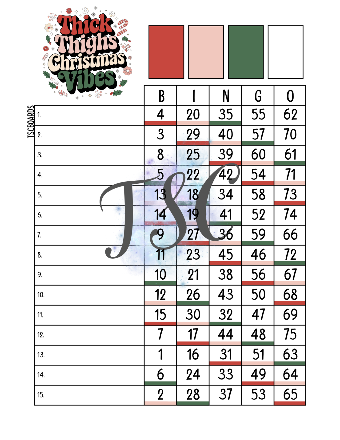 Thick Thighs Christmas Vibes Bingo Board 1-75 Balls