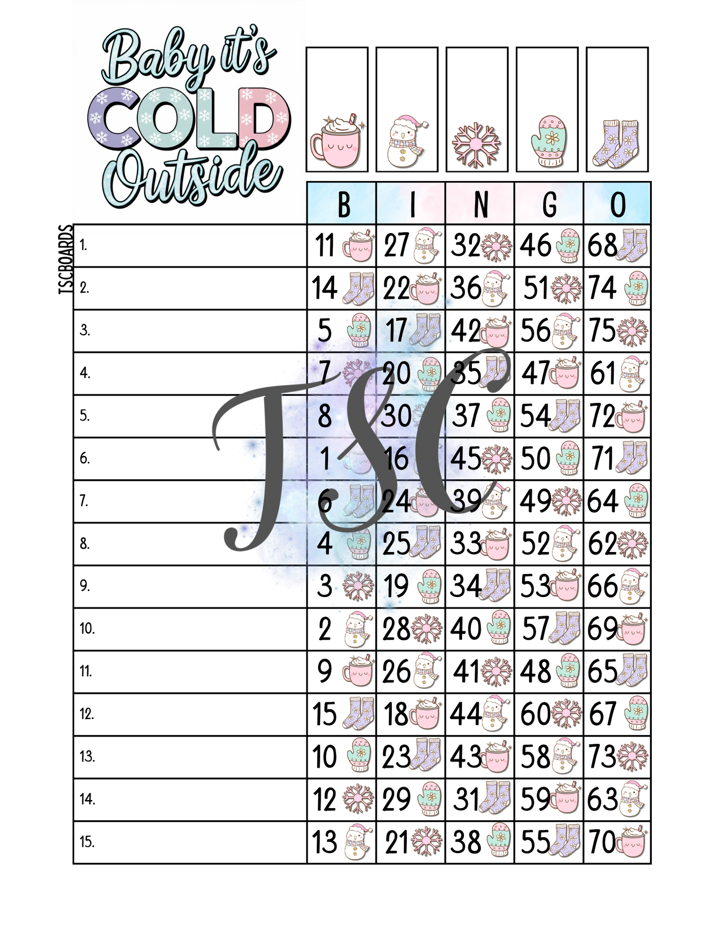 Baby It’s Cold Outside Bingo Board 1-75 Balls
