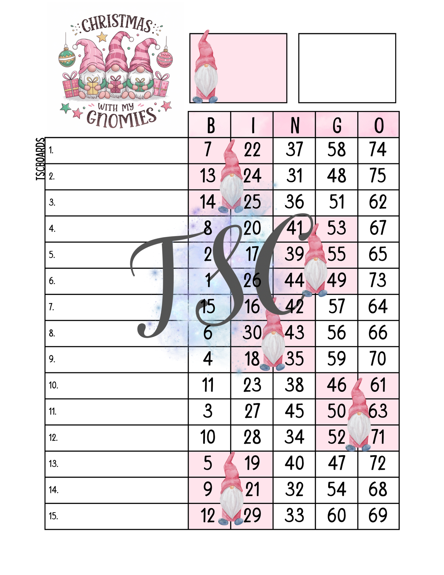 Christmas With My Gnomies Bingo Board 1-75 Balls