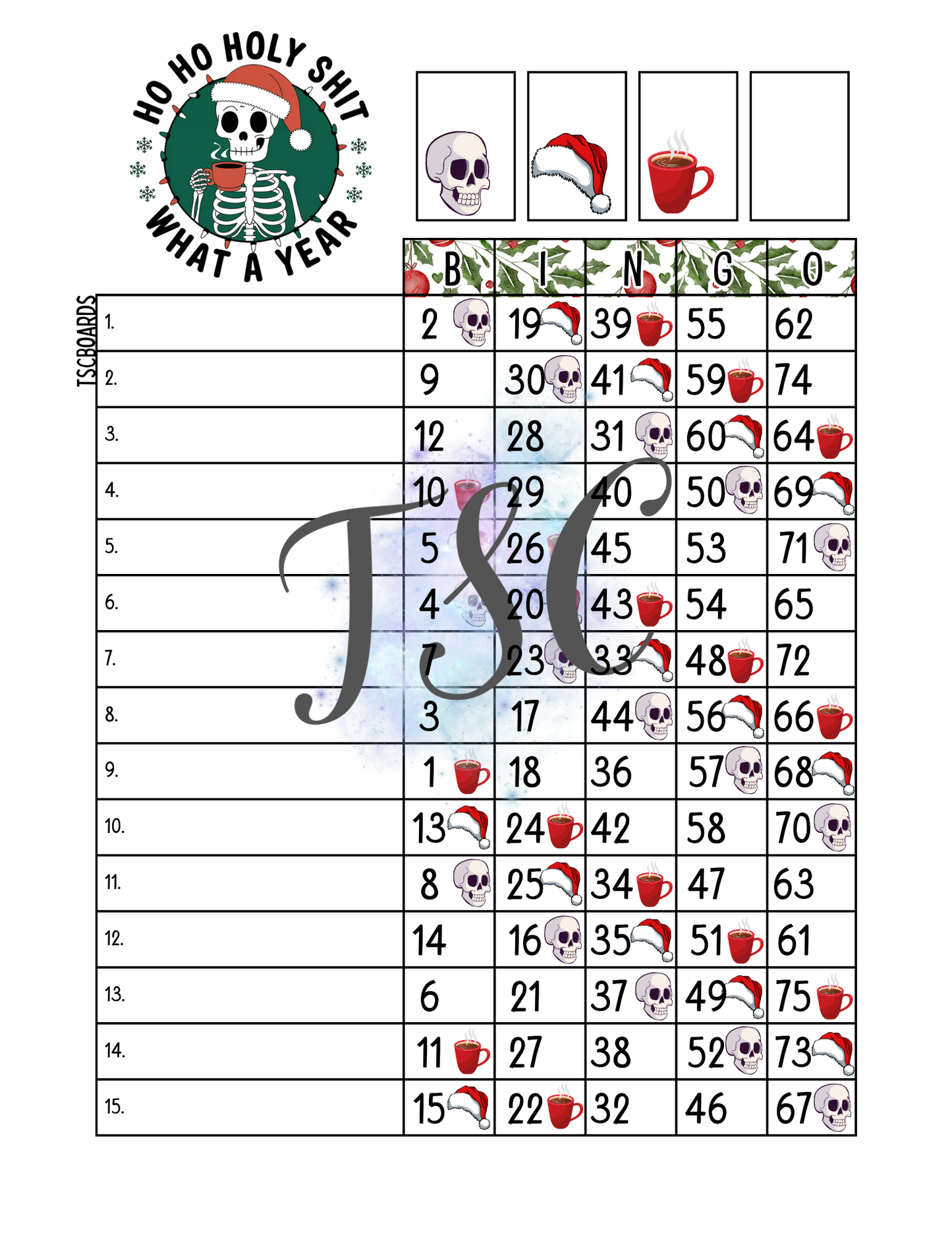 Ho Ho Holy Shit What A Year Bingo Board 1-75 Balls