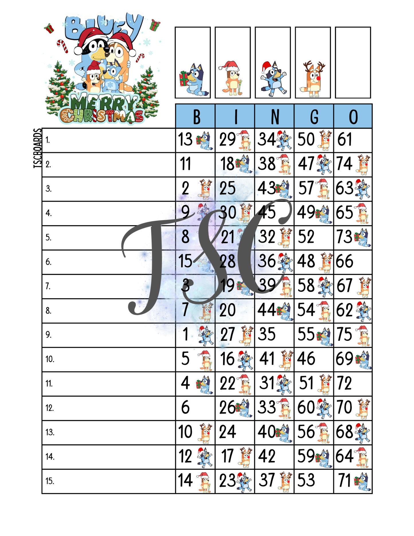Bluey Merry Christmas Bingo Board 1-75 Ball