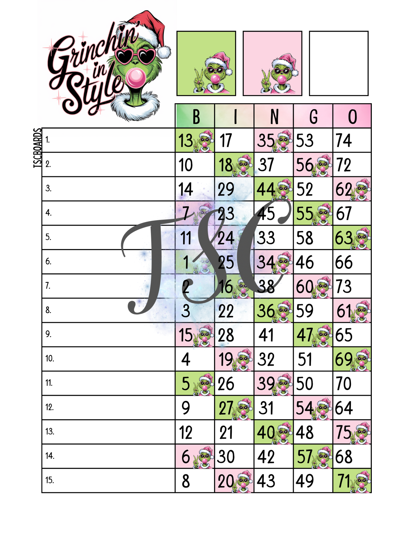 Grinchin’ In Style Bingo Board 1-75 Balls