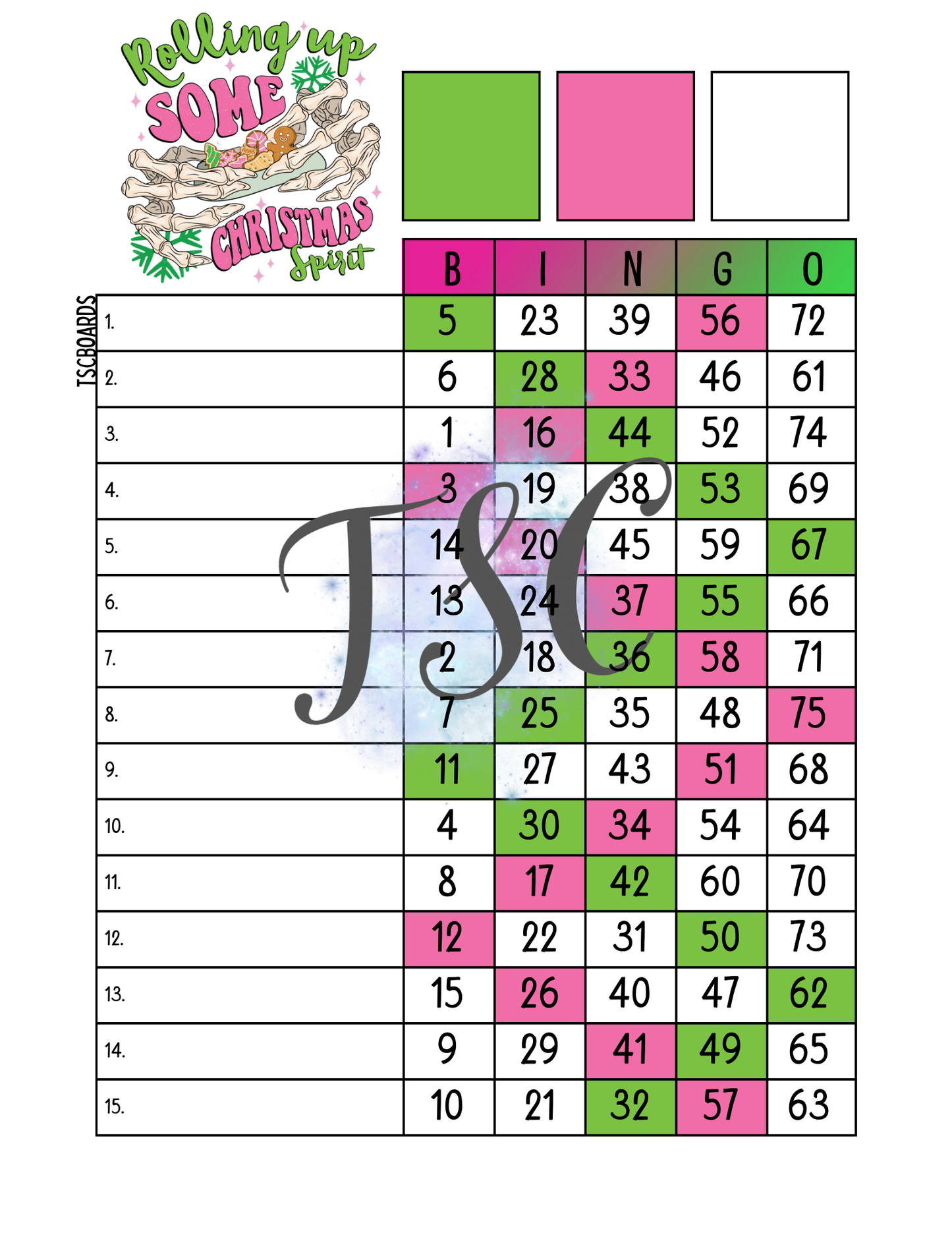 Rolling Up Some Christmas Spirit Bingo Board 1-75 Ball