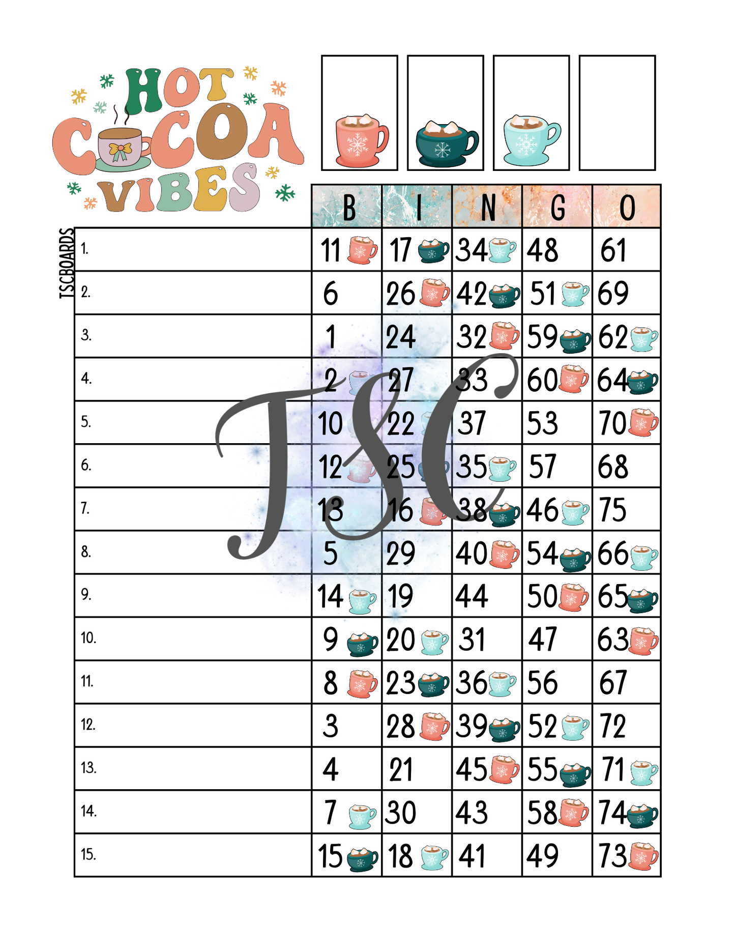 Hot Cocoa Vibes Bingo Board 1-75 Balls