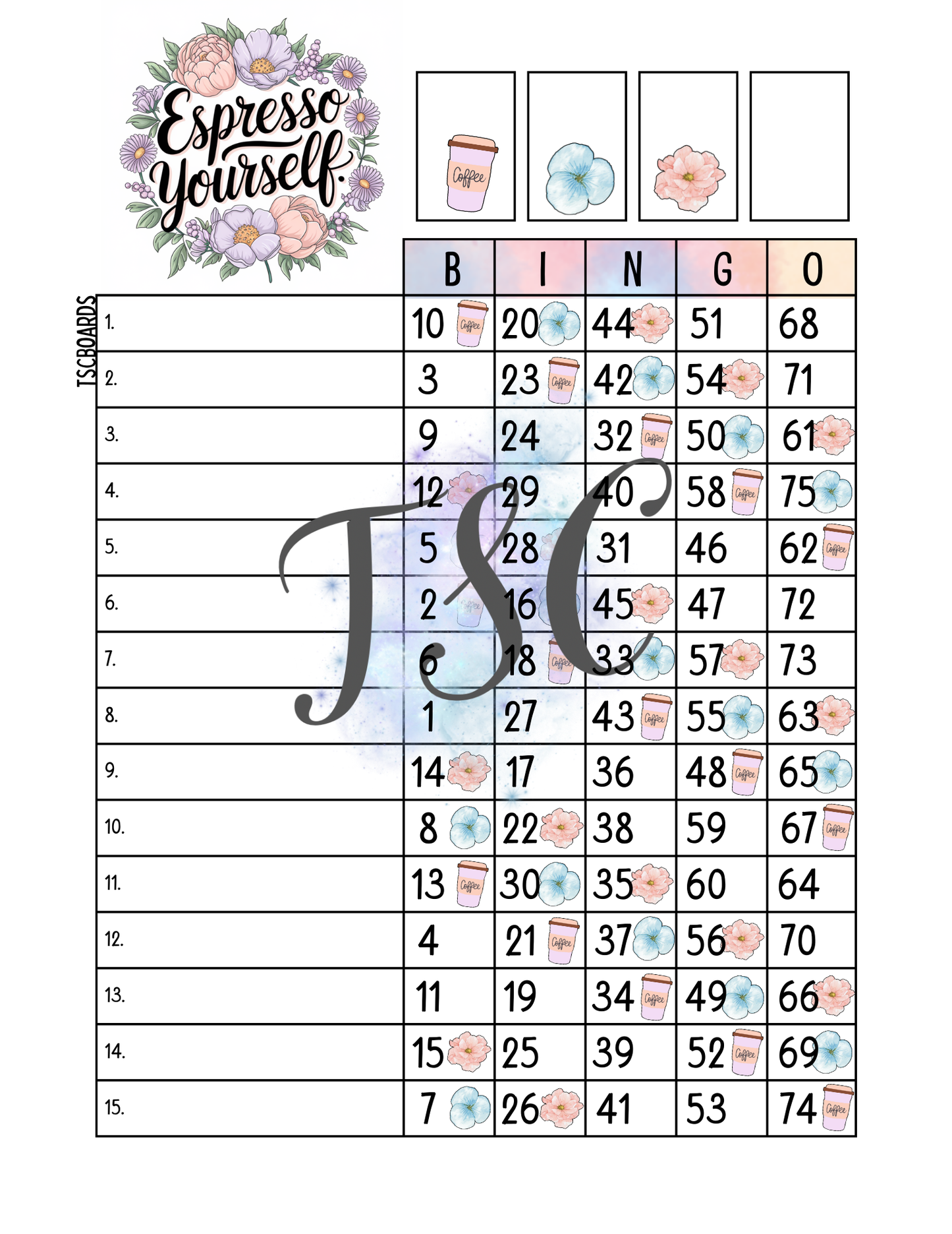 Espresso Yourself Bingo Board 1-75 Balls