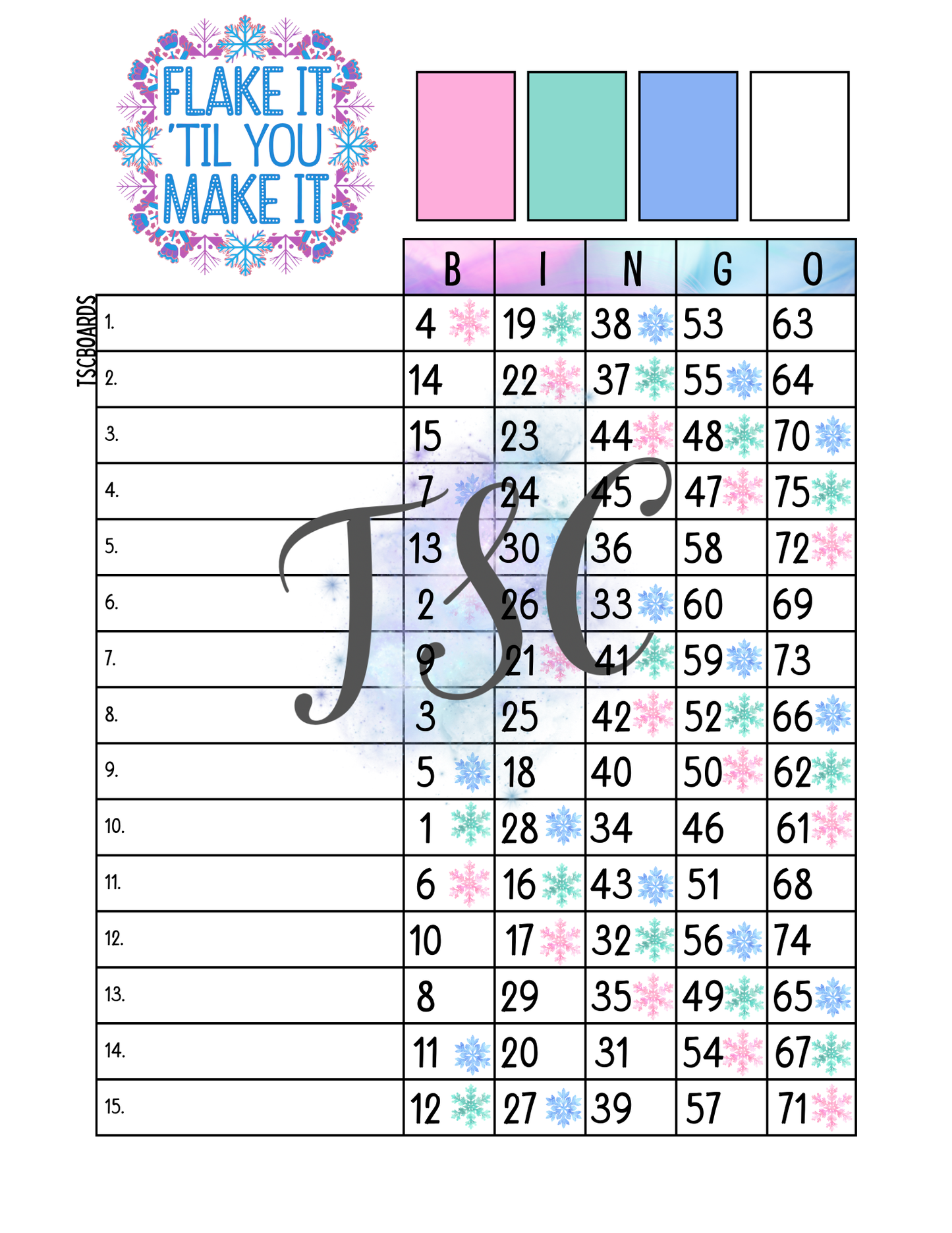 Flake It Till You Make It Bingo Board 1-75 Balls