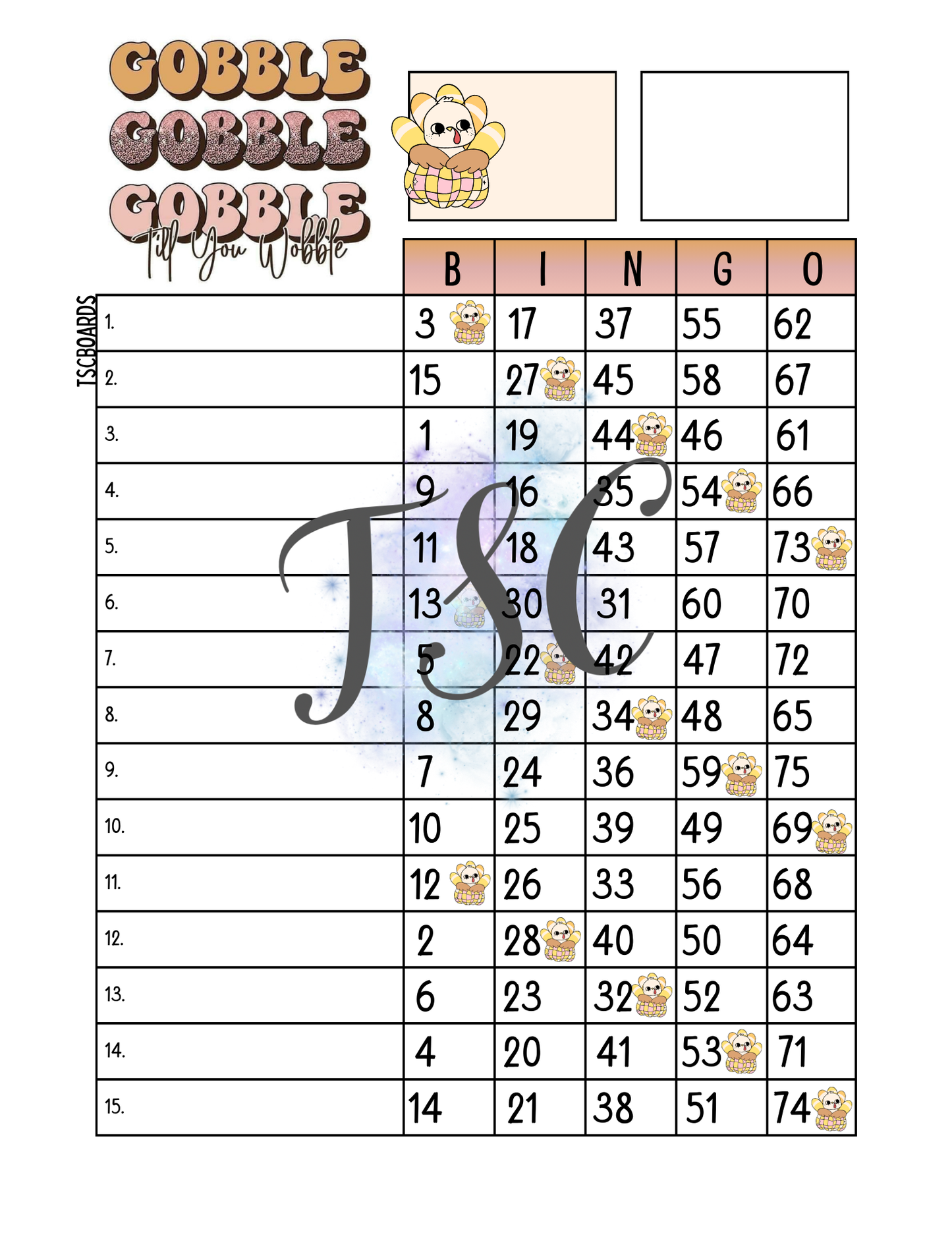 Gobble Gobble Gobble Till I Wobble Bingo Board 1-75 Balls