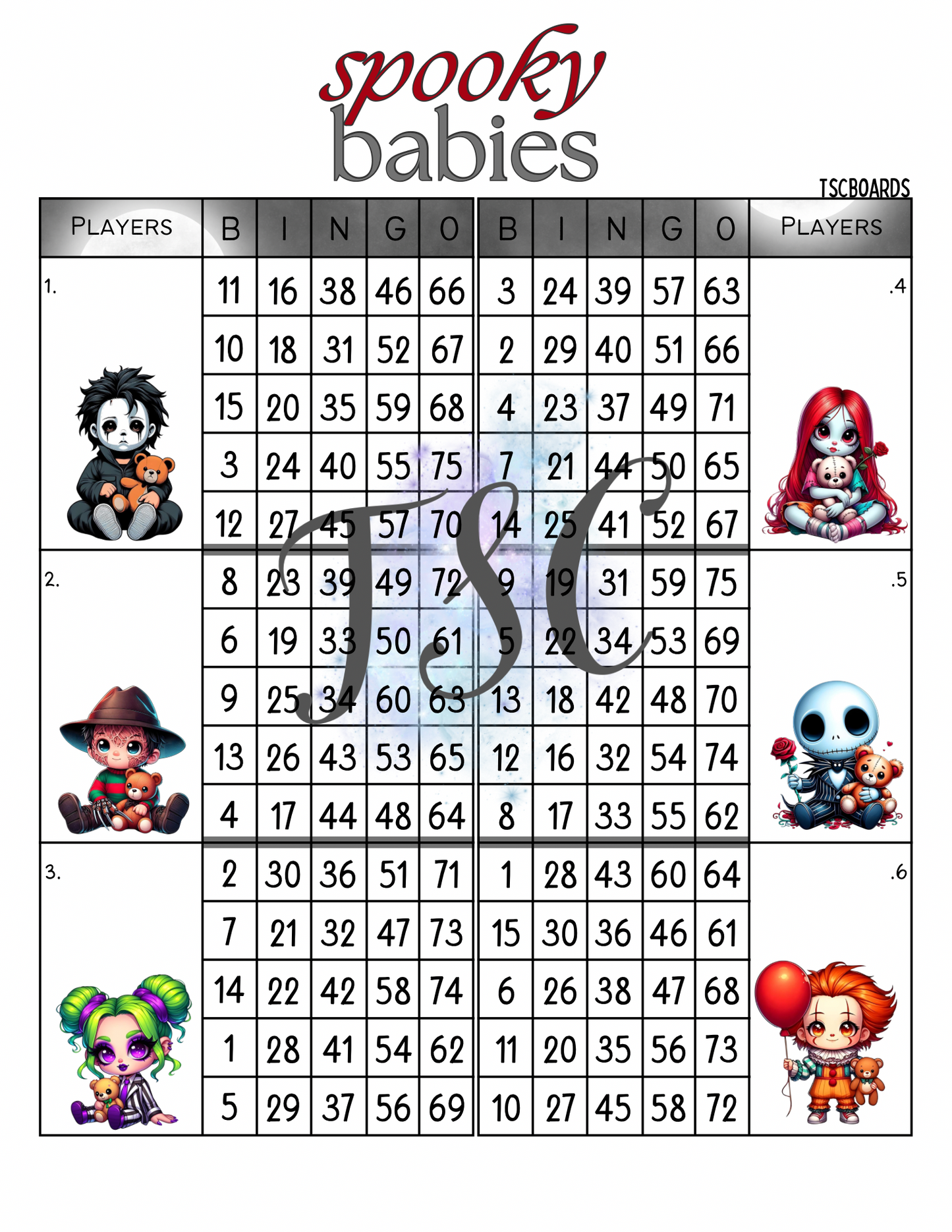 Spooky Babies Double Mega Block Bingo Board 1-75 Ball