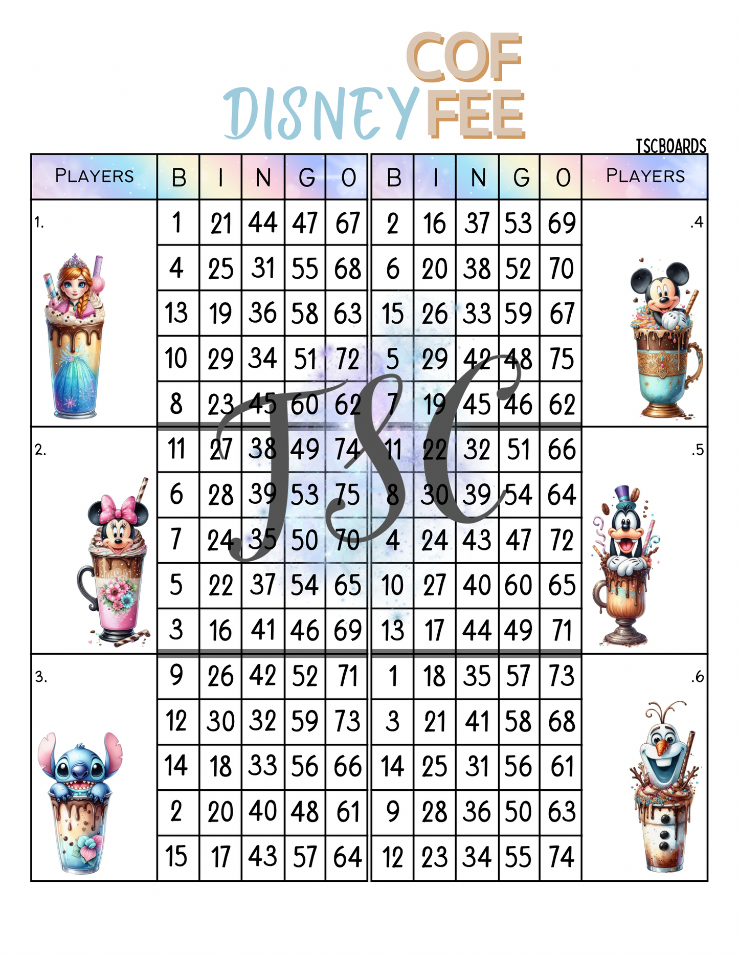 Character Coffee Double Mega Block Bingo Board 1-75 Ball