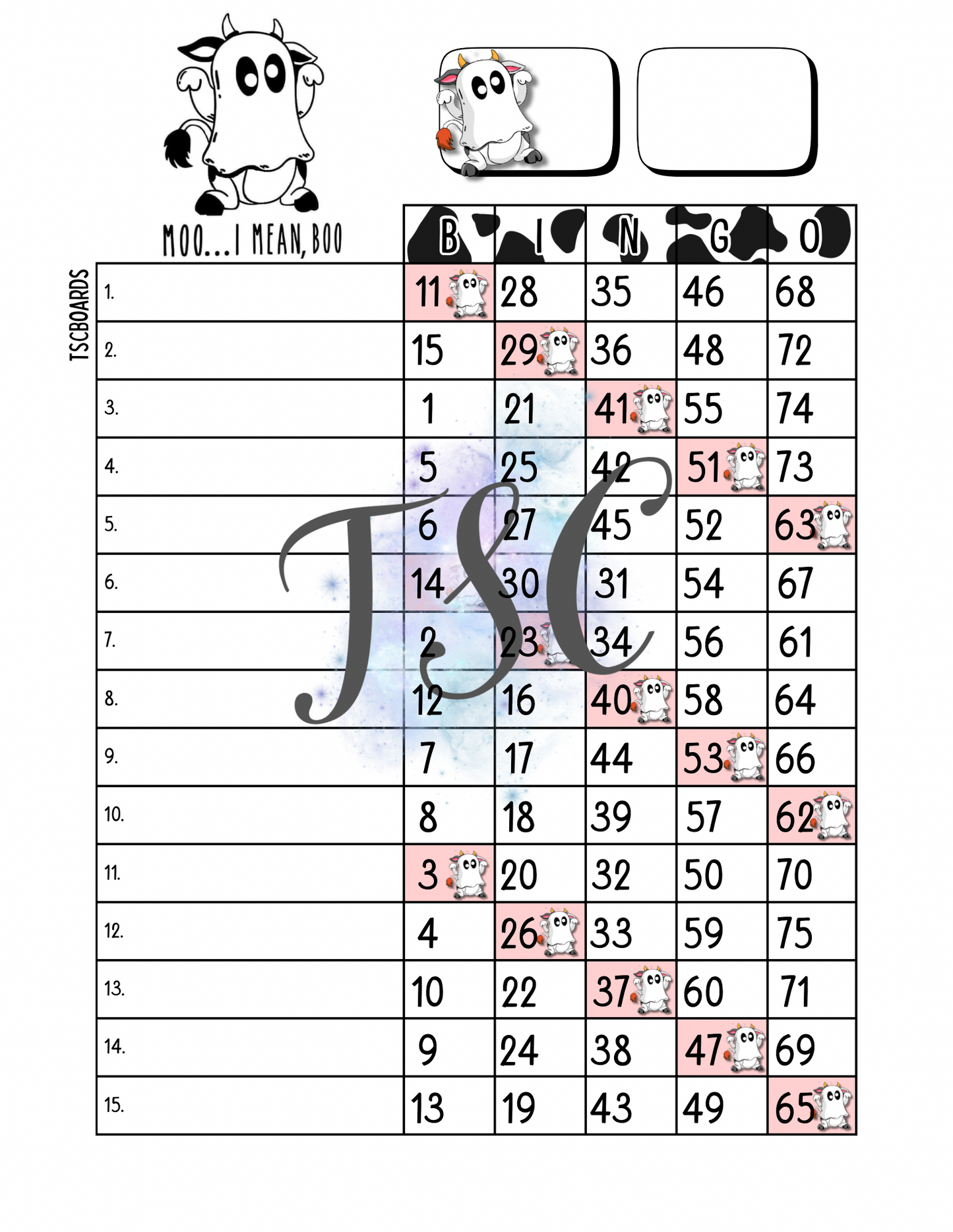 Moo… I mean Boo Bingo Board 1-75 Ball