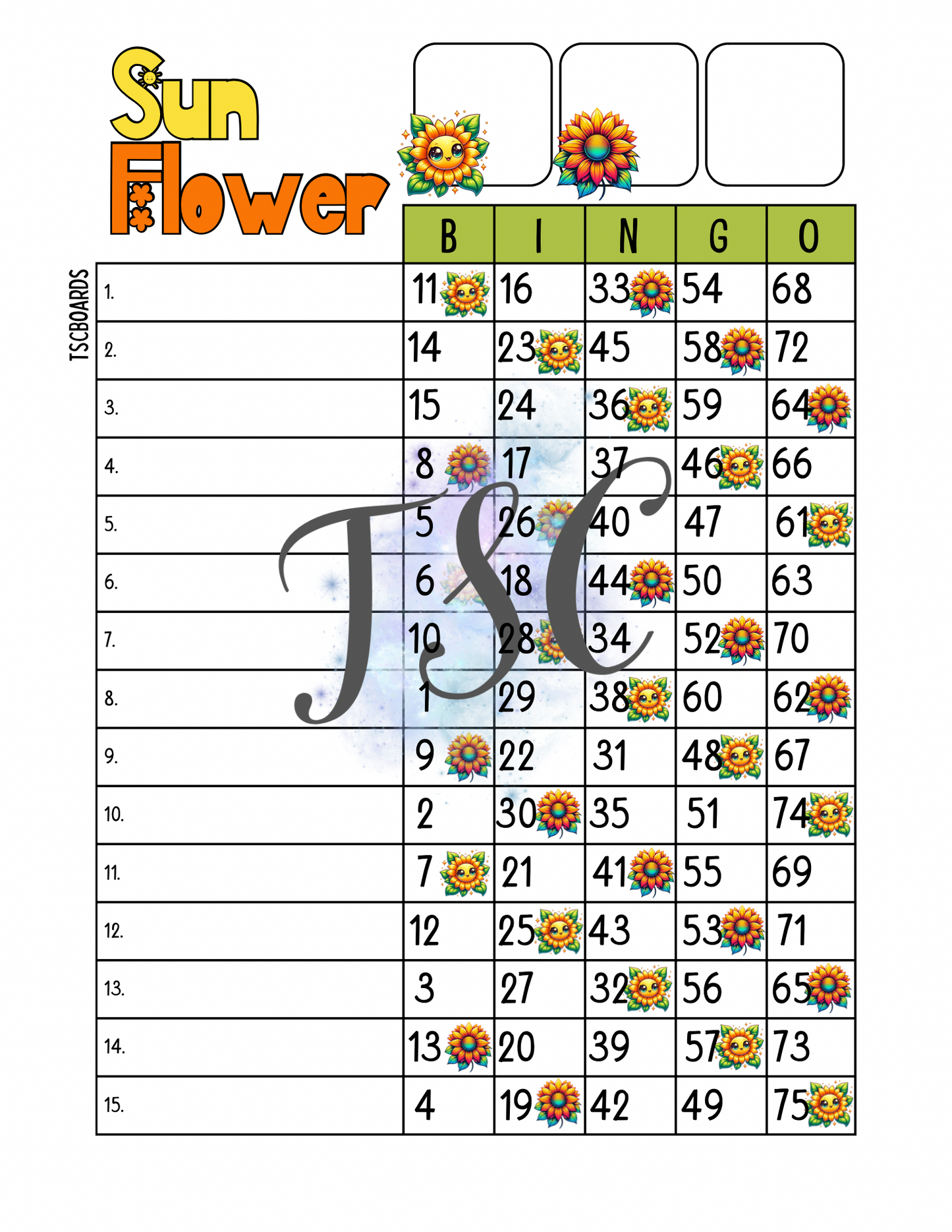 Sunflower Bingo Board 1-75 Ball