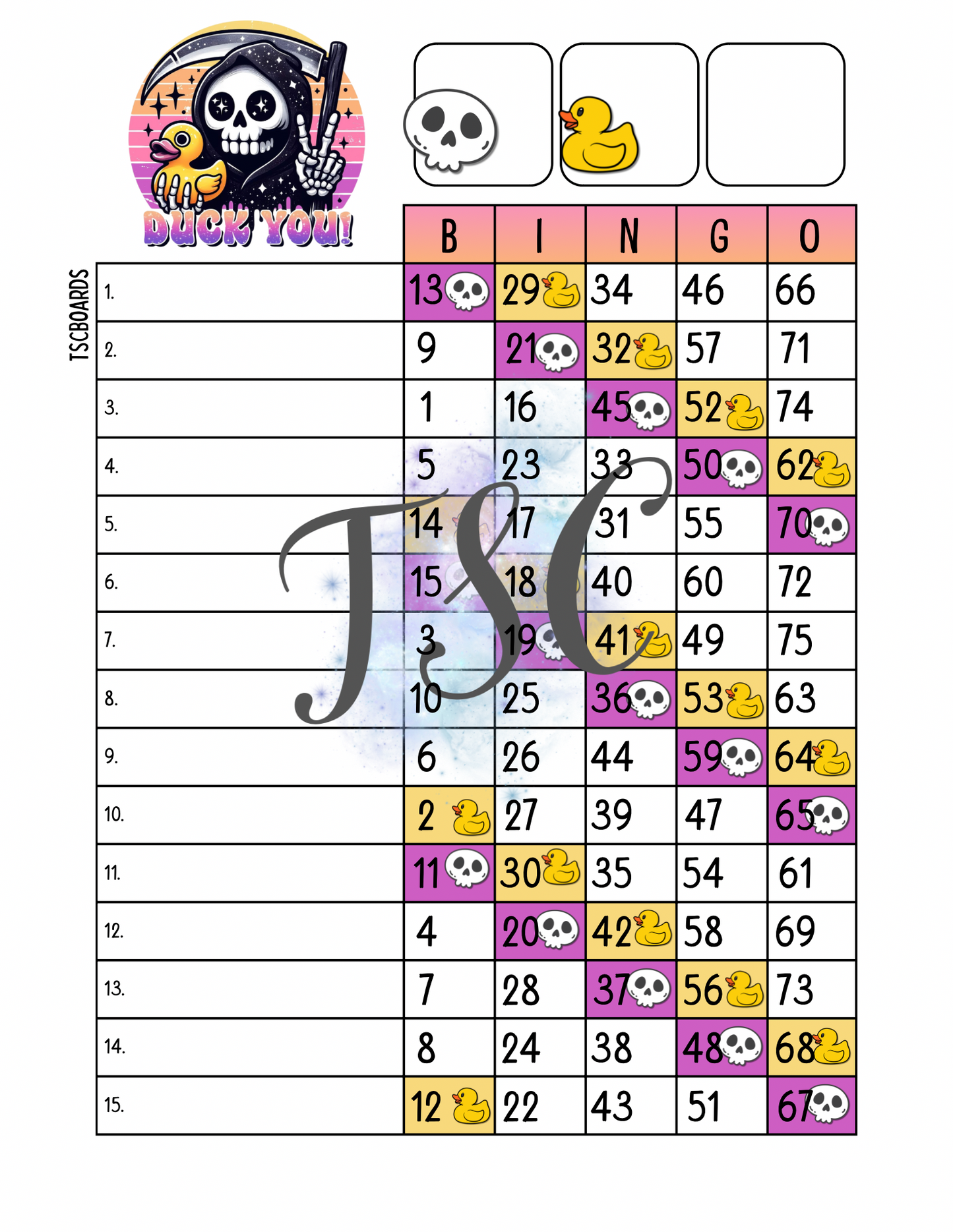 Duck You Bingo Board 1-75 Ball