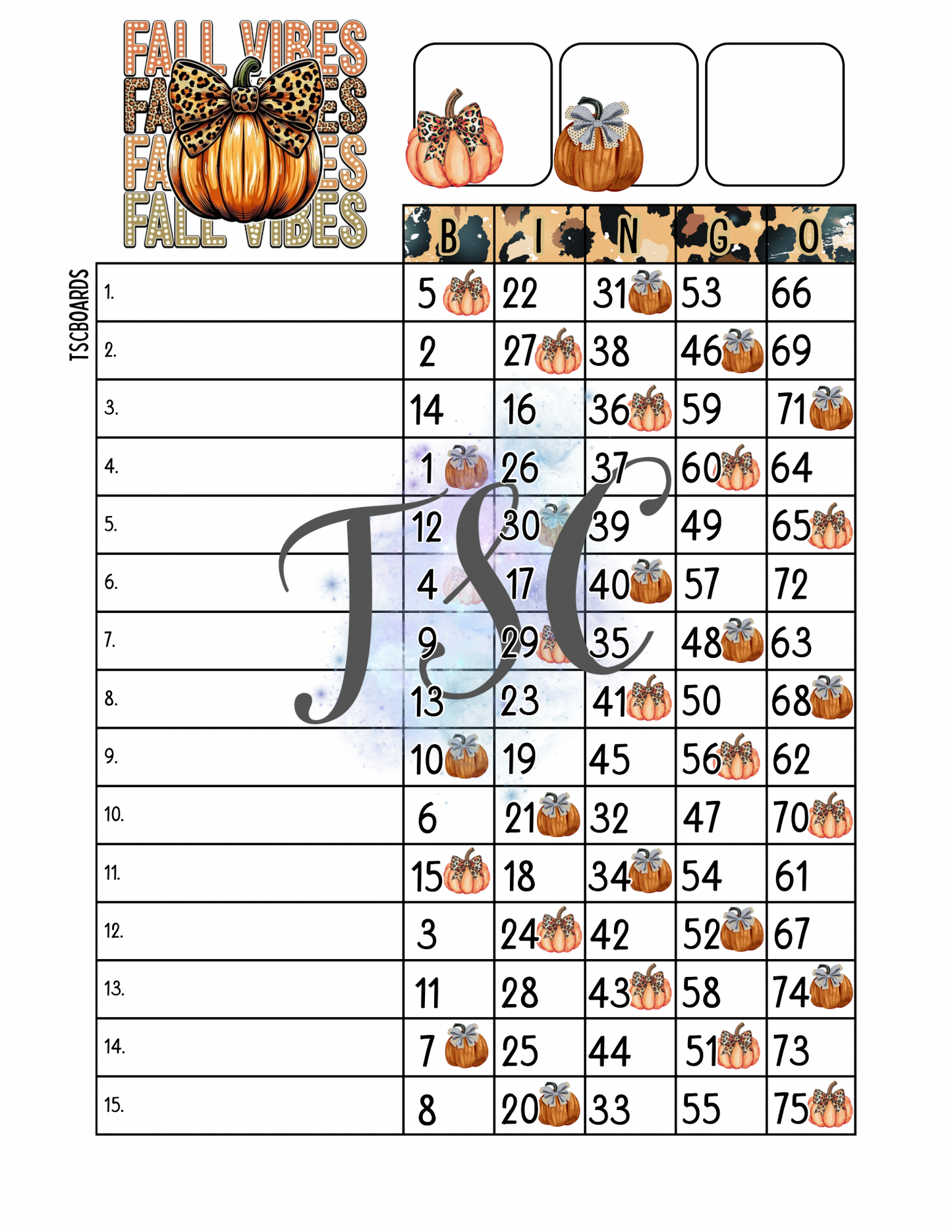 Fall Vibes Block Bingo Board 1-75 Ball