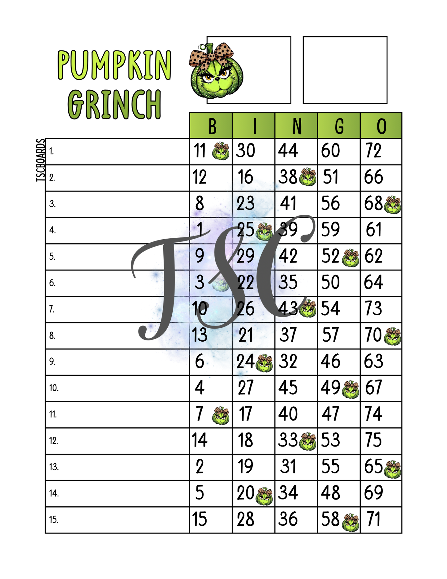 Pumpkin Grinch Bingo Board 1-75 Ball
