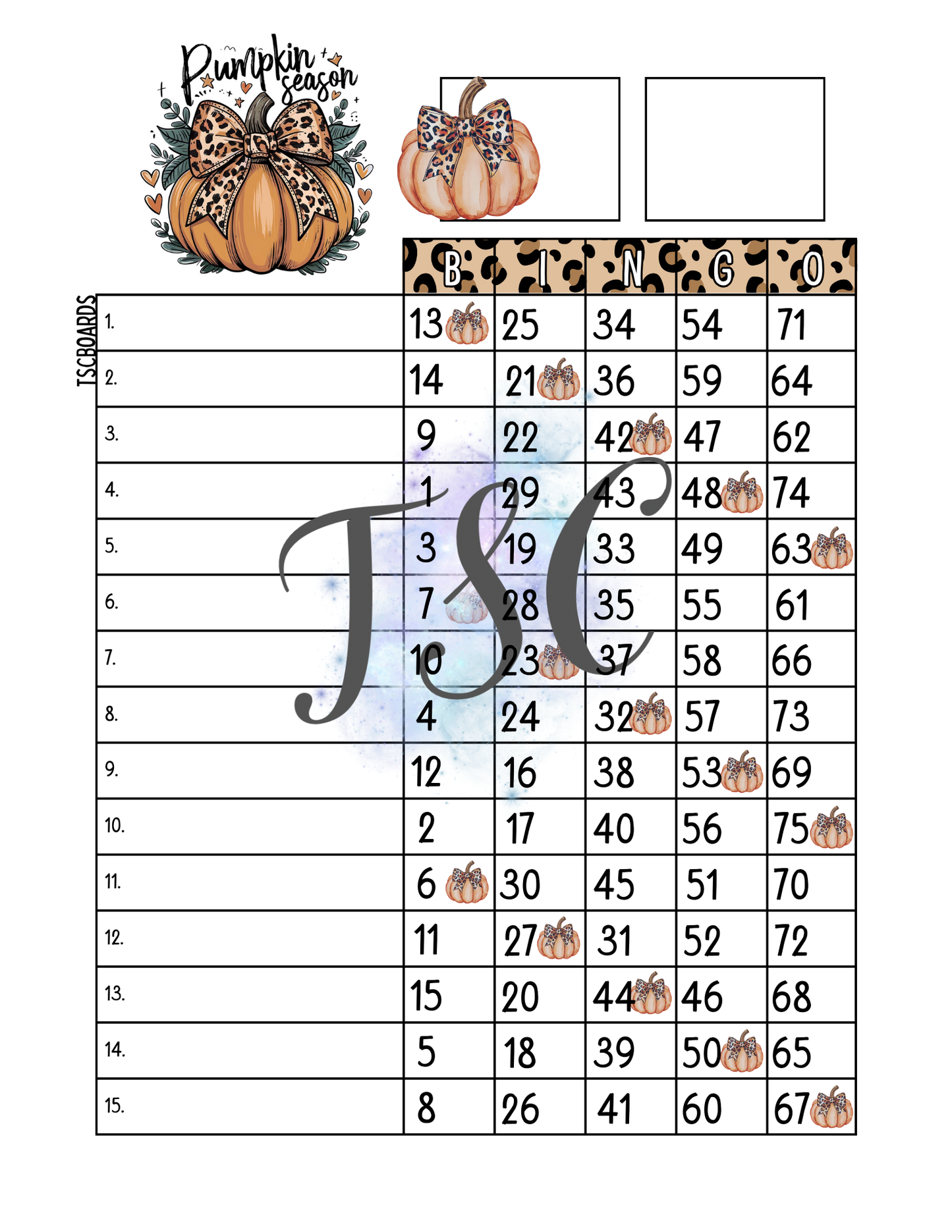 Pumpkin Season Bingo Board 1-75 Ball