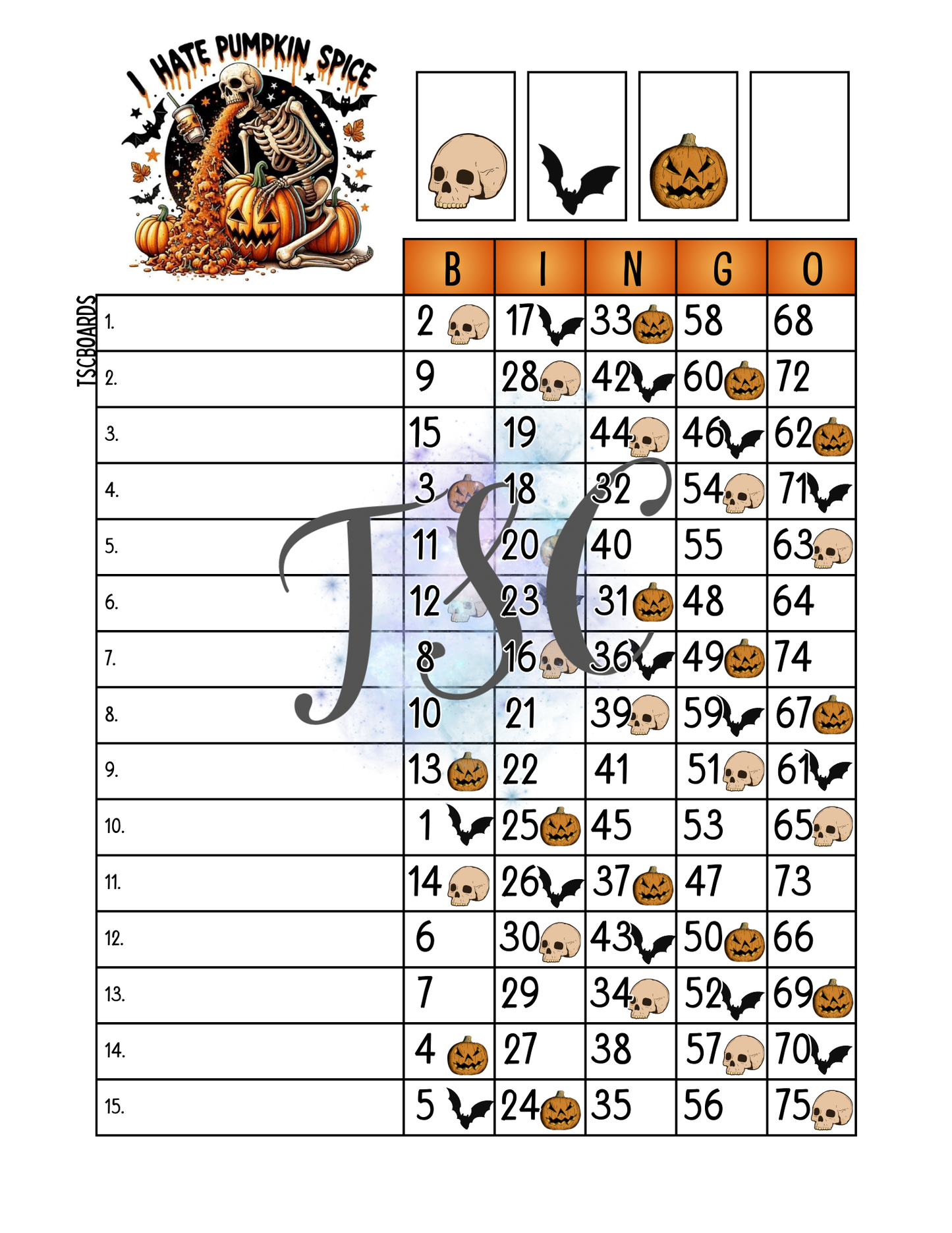 I Hate Pumpkin Spice Bingo Board 1-75 Ball