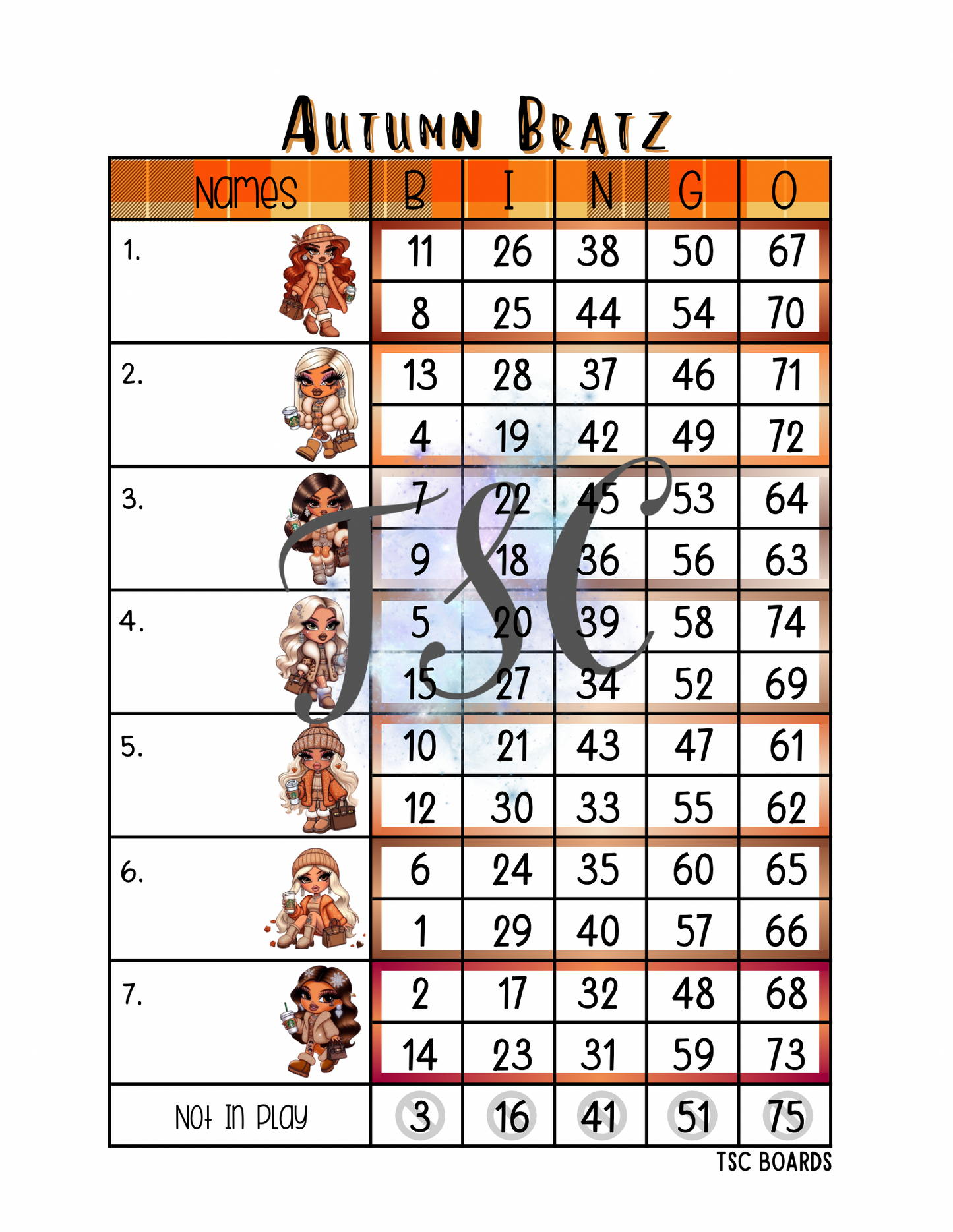 Autumn Bratz Mini Blocks Bingo Board 1-75 Ball