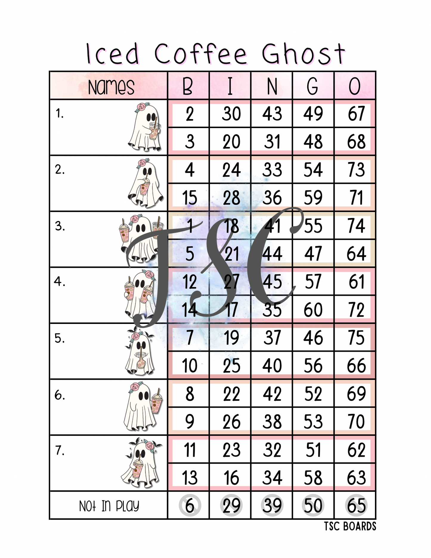 Iced Coffee Ghost Mini Blocks Bingo Board 1-75 Ball