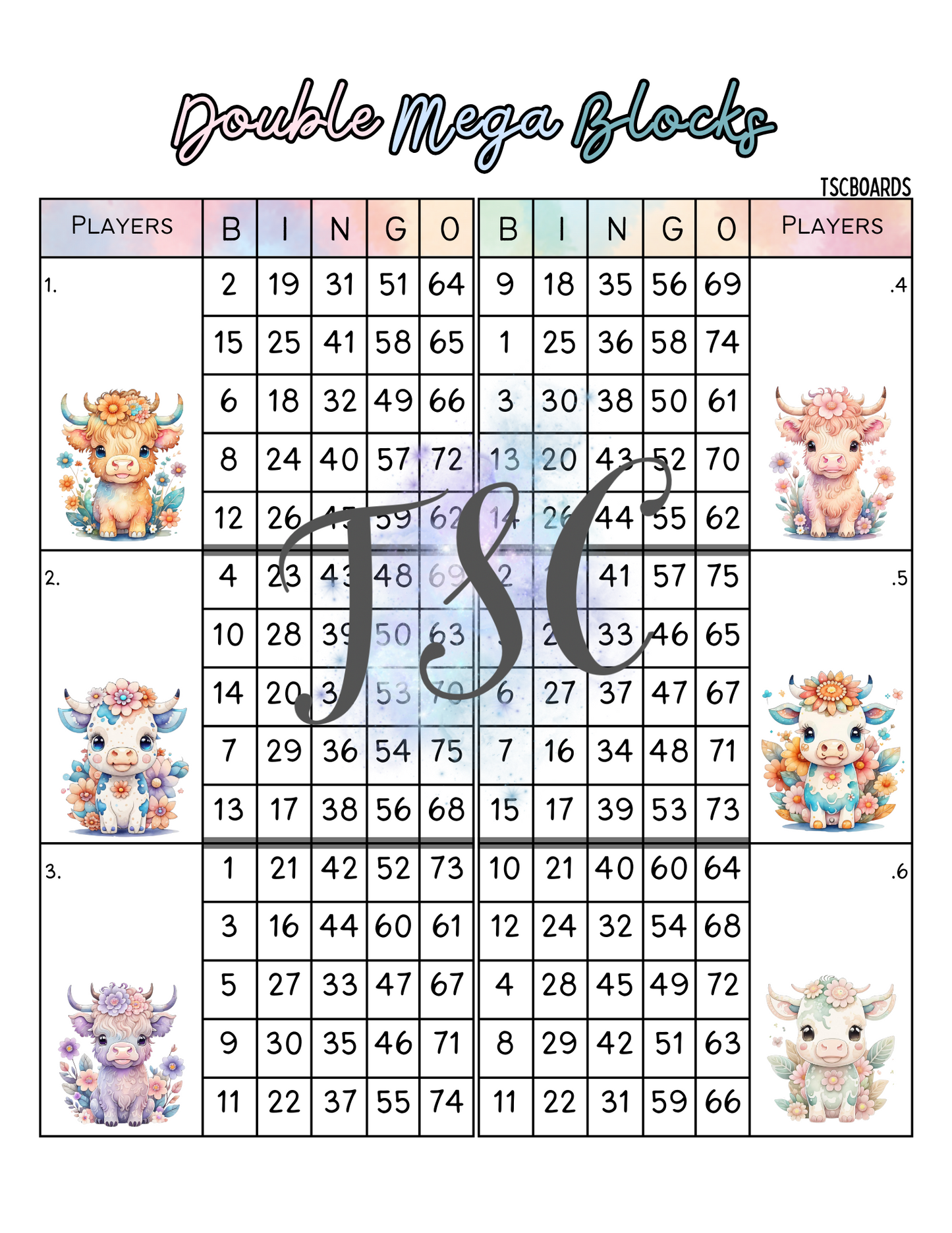 Double Mega Blocks Floral Cow Bingo Board 1-75 Ball