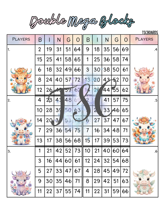 Double Mega Blocks Floral Cow Bingo Board 1-75 Ball