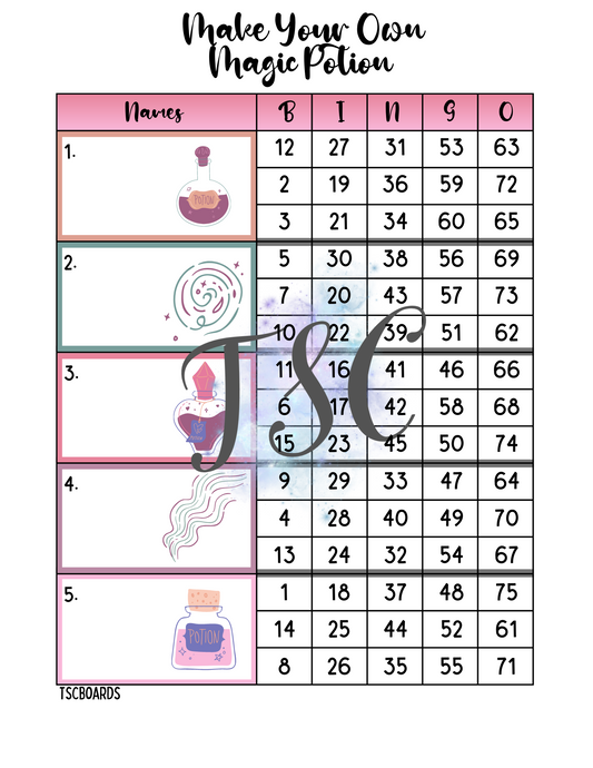 Make Your Own Magic Potion Block Bingo Board 1-75 Ball