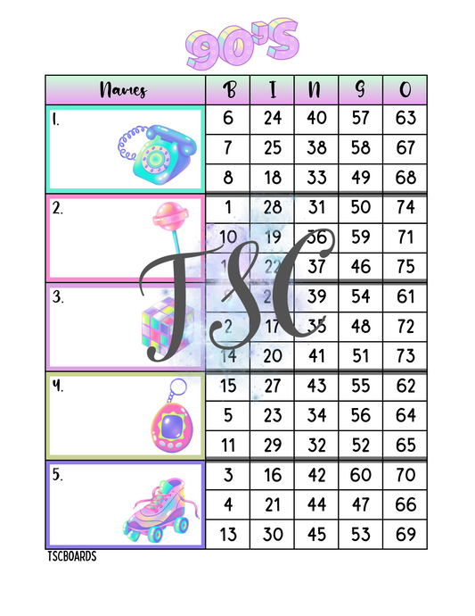 90’s Block Bingo Board 1-75 Ball