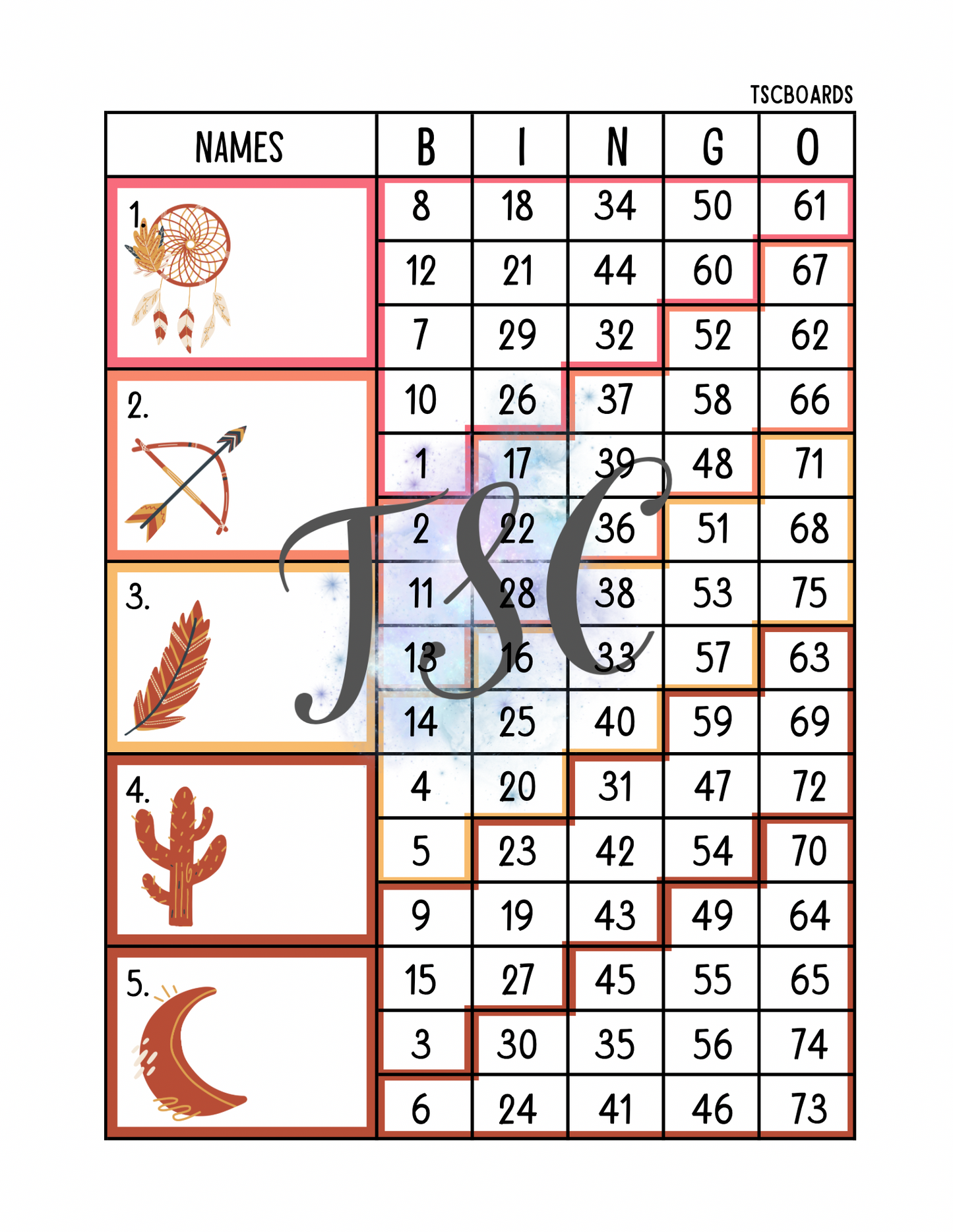 Tetris Boho Block Bingo Board 1-75 Ball