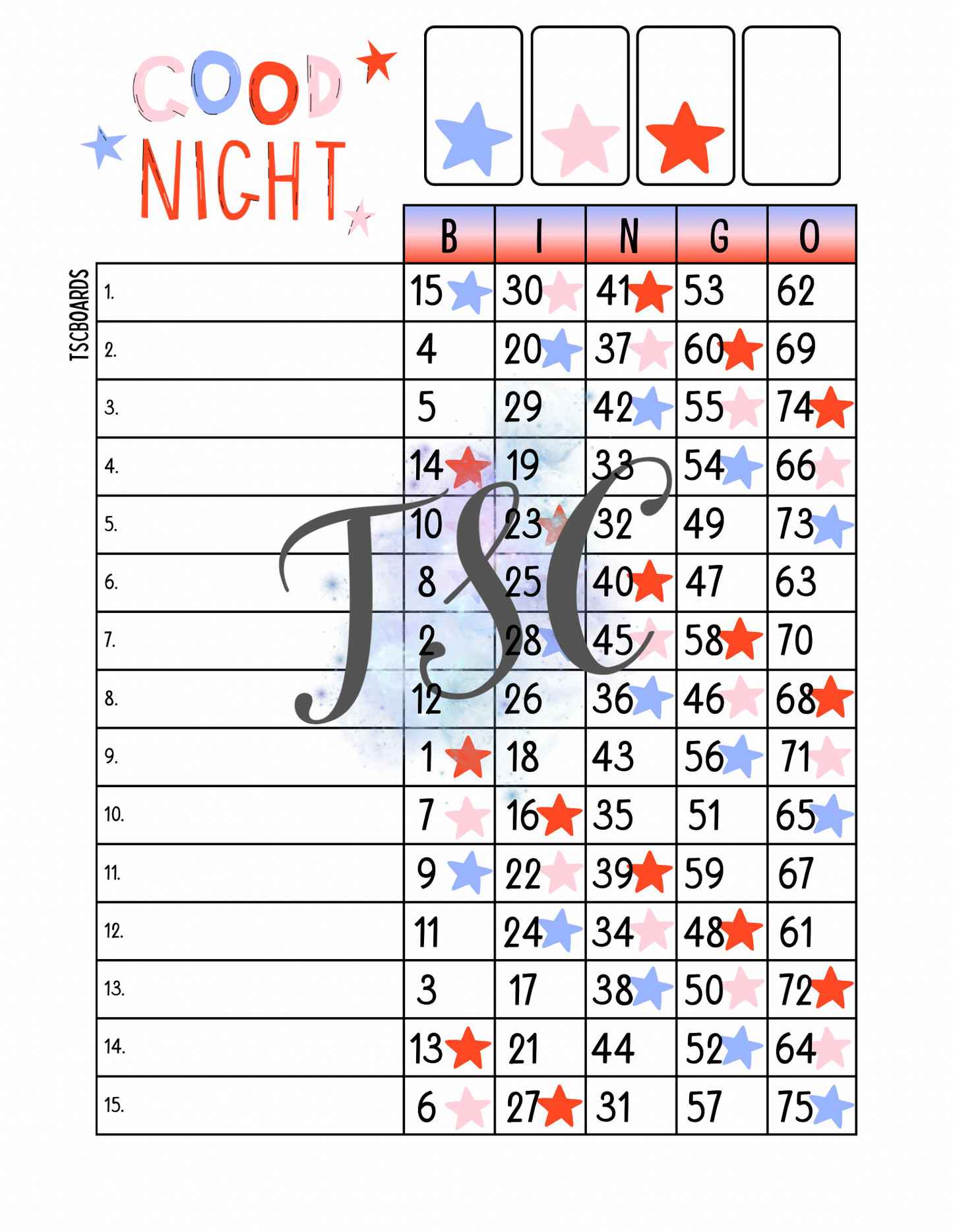 Goodnight Bingo Board 1-75 Ball