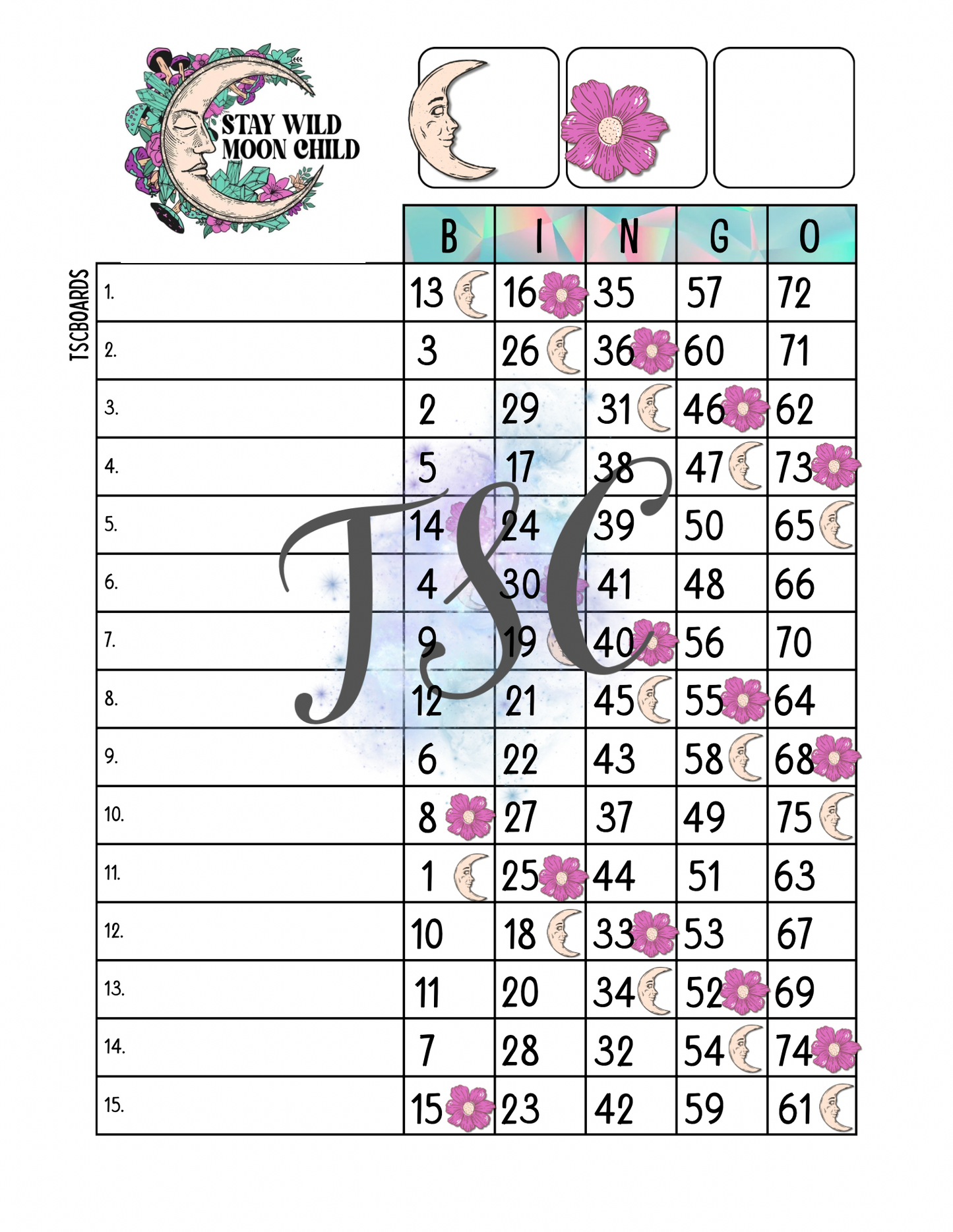 Stay Wild Moon Child Bingo Board 1-75 Ball