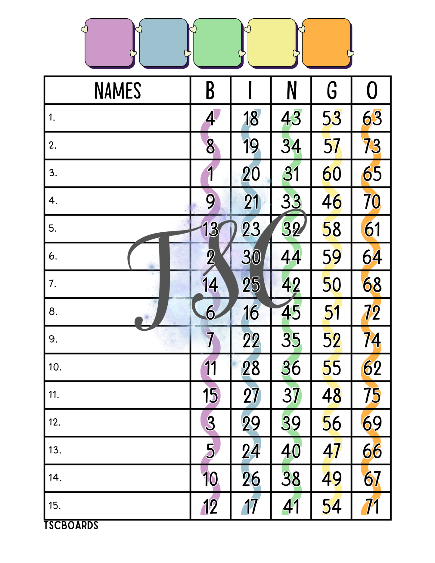 Rainbow Bingo Board 1-75 Ball