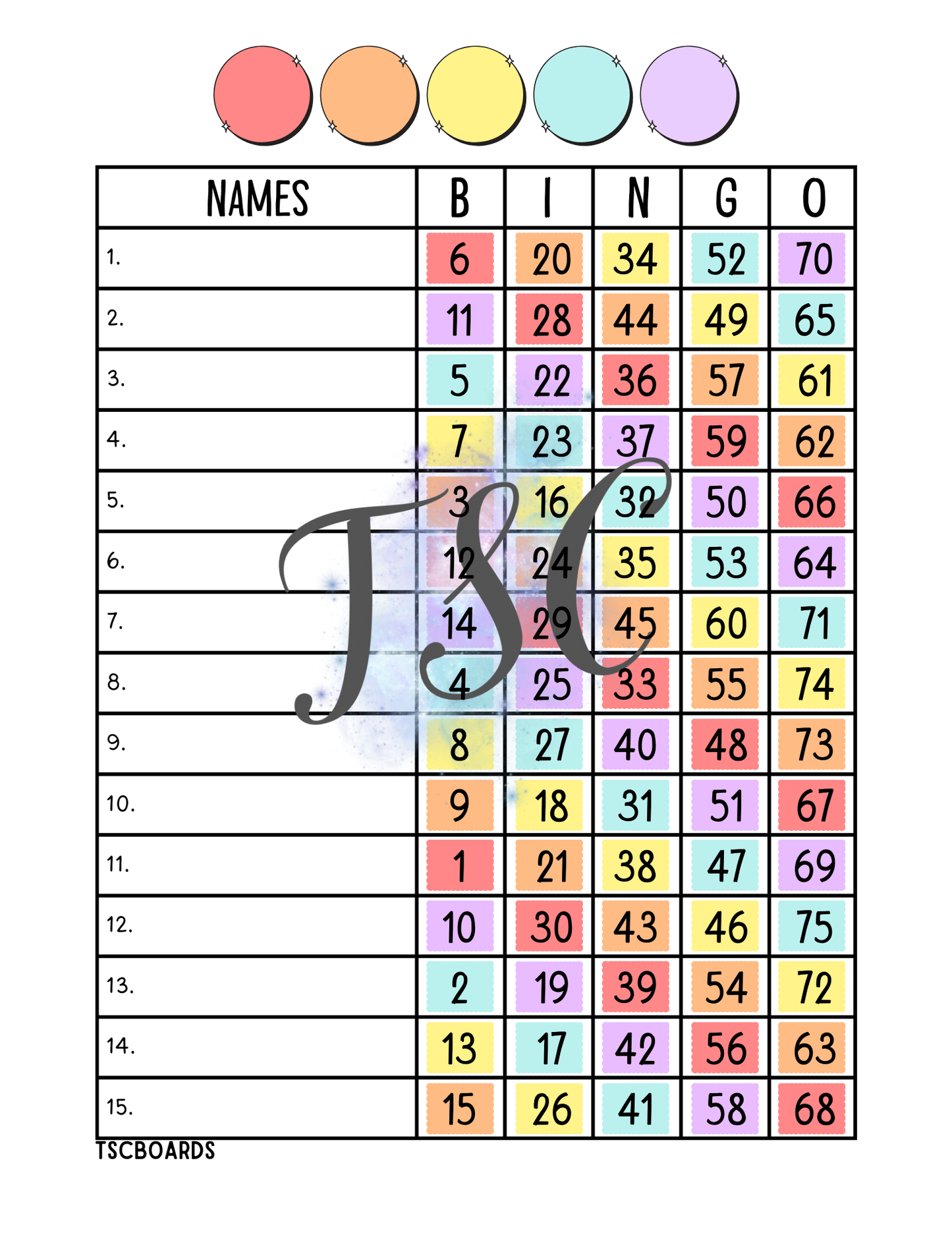 Rainbow Bingo Board 1-75 Ball