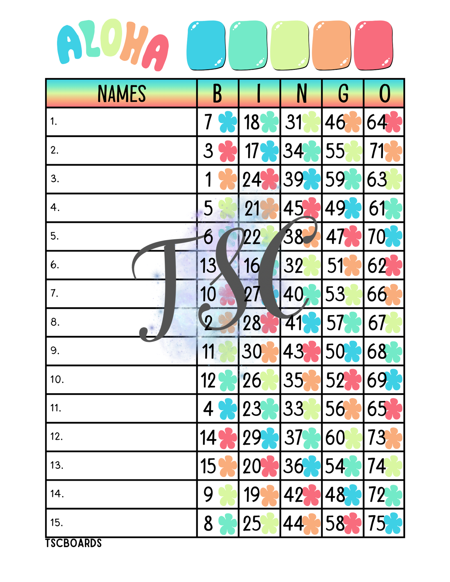 Aloha Rainbow Flowers Bingo Board 1-75 Ball