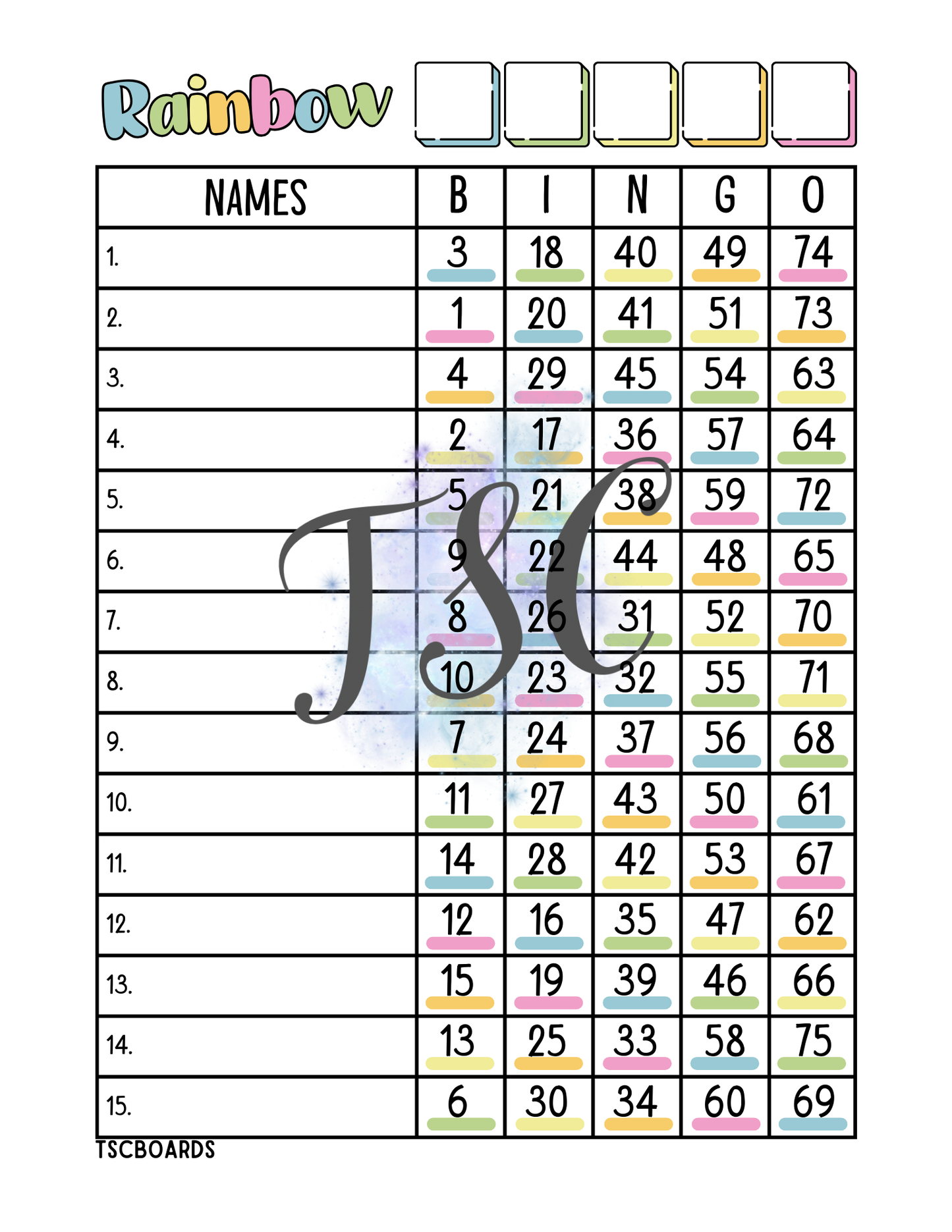 Rainbow Bingo Board 1-75 Ball